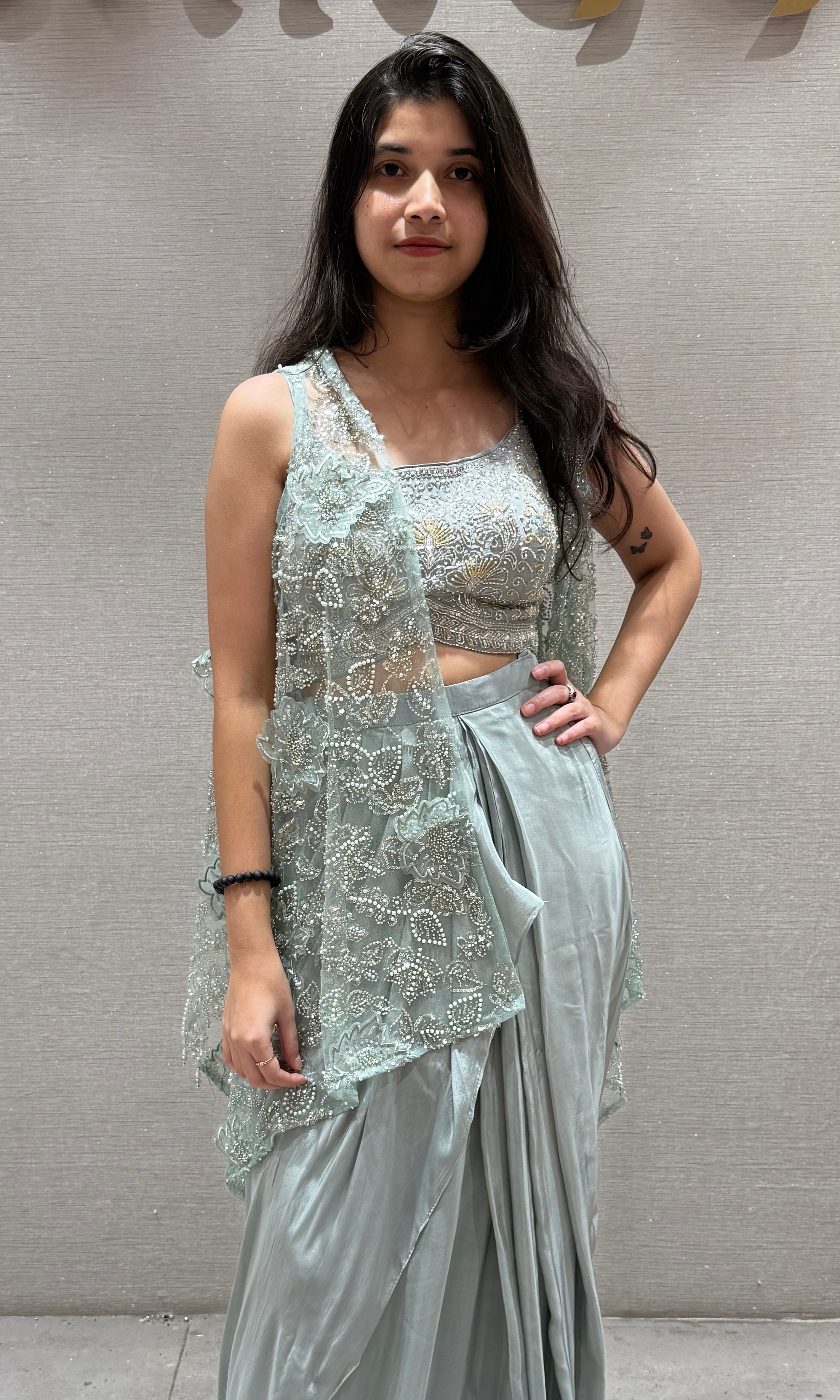 Green Elegant Draped Skirt Set with cape