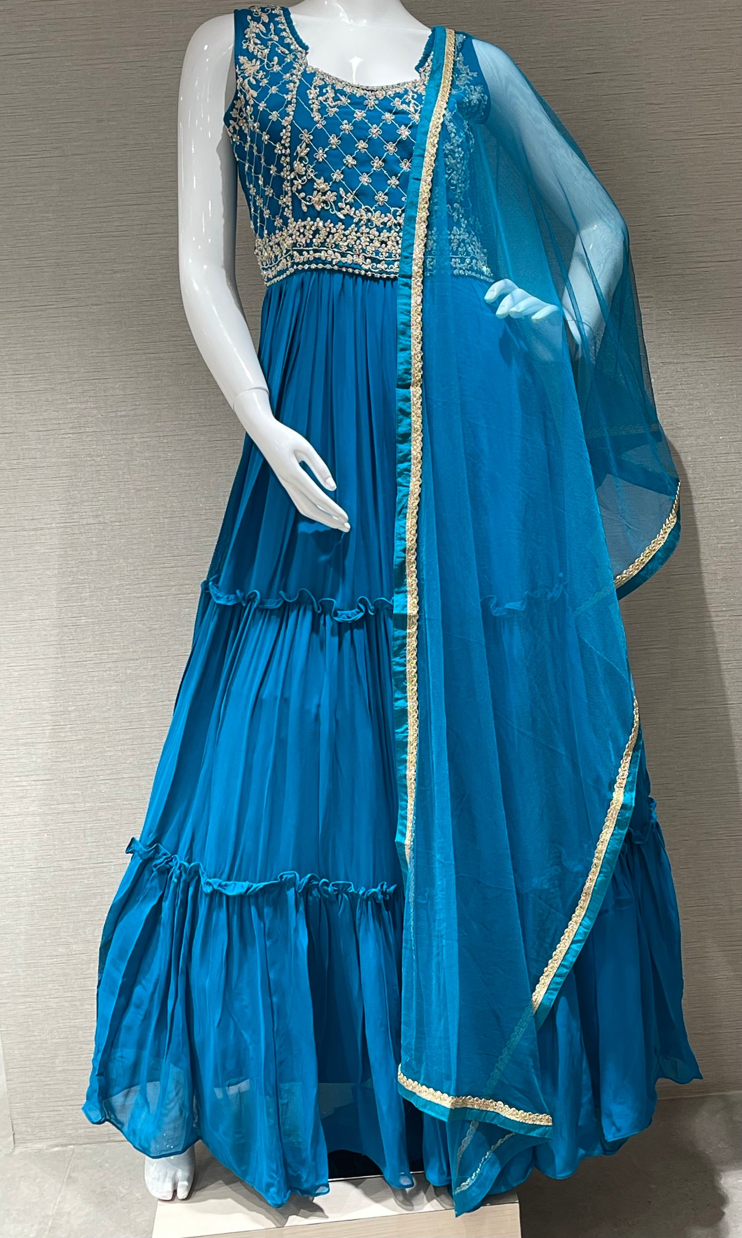 🦋crystal Blue georgette long dress with dupatta💎