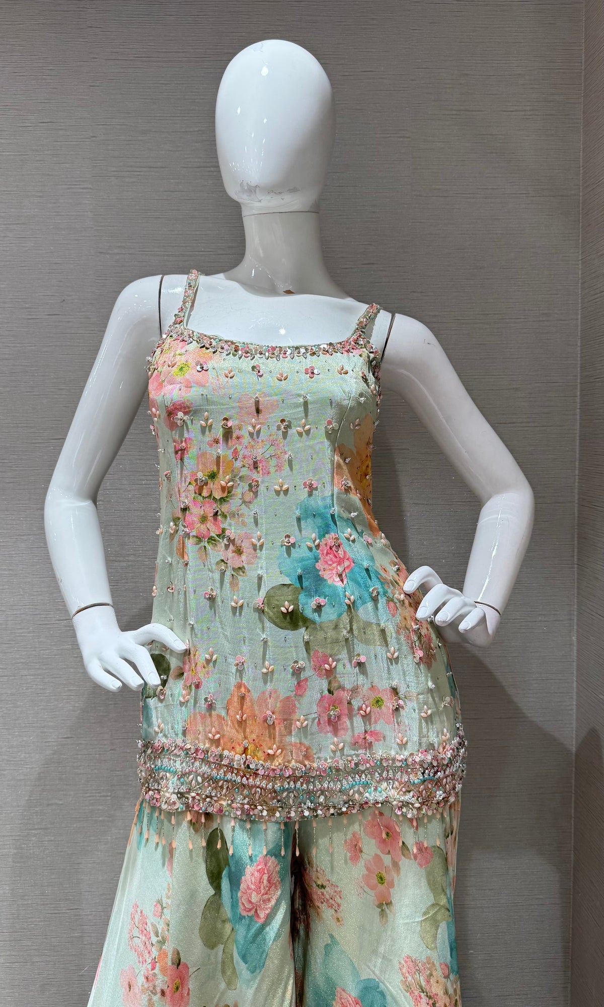 light green Silk Organza Floral Printed Peplum palazzo set