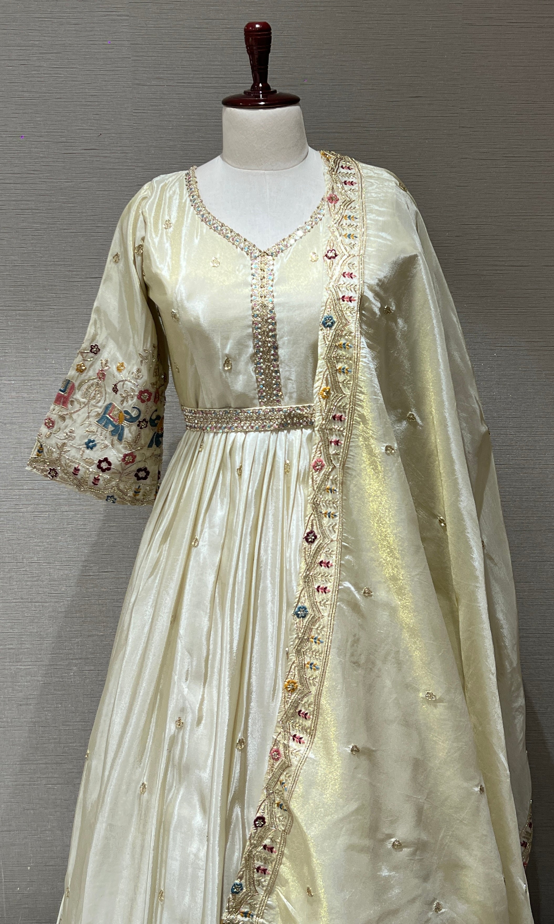 Elegant Cream Anarkali Gown with Floral Embroidery