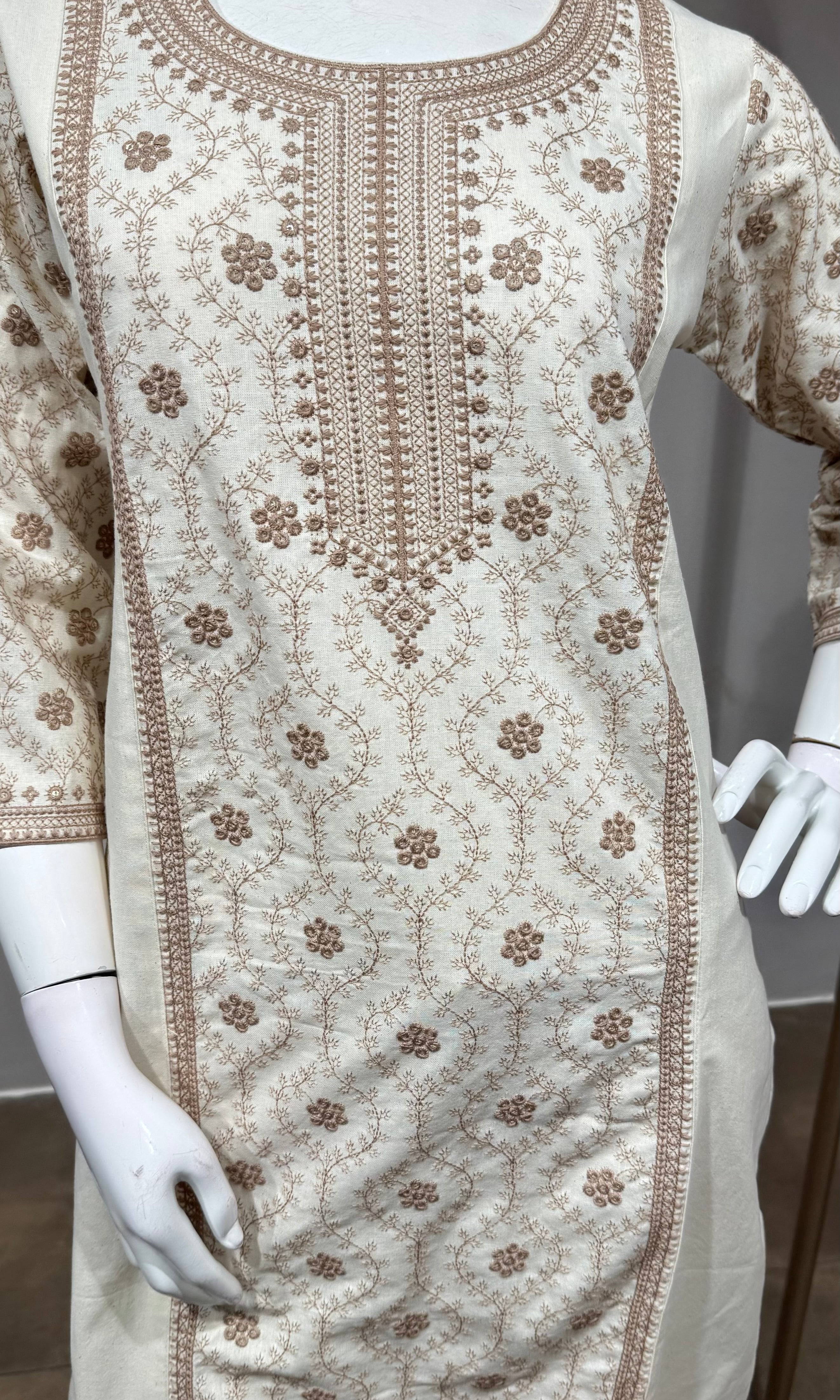 CREAM Cotton Kurta Set with Dupatta