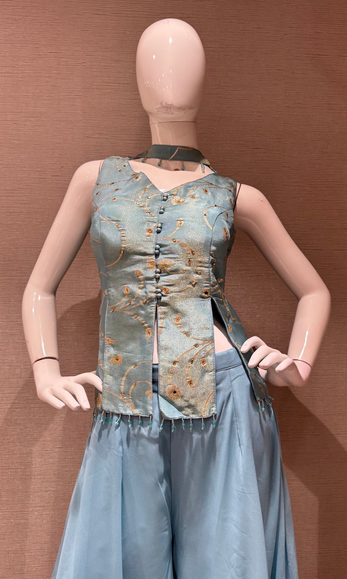 Sky Blue Floral Brocade Top & Georgette Palazzo Set