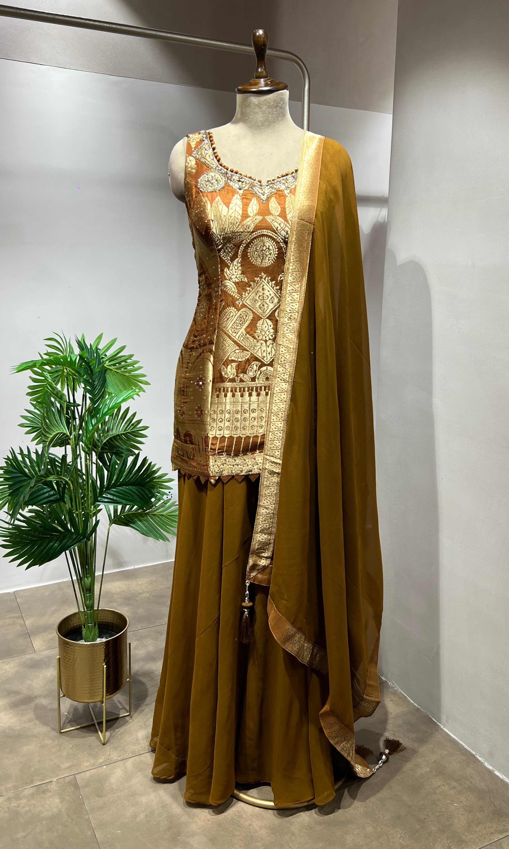 Light brown & Golden Embroidered Sharara Set