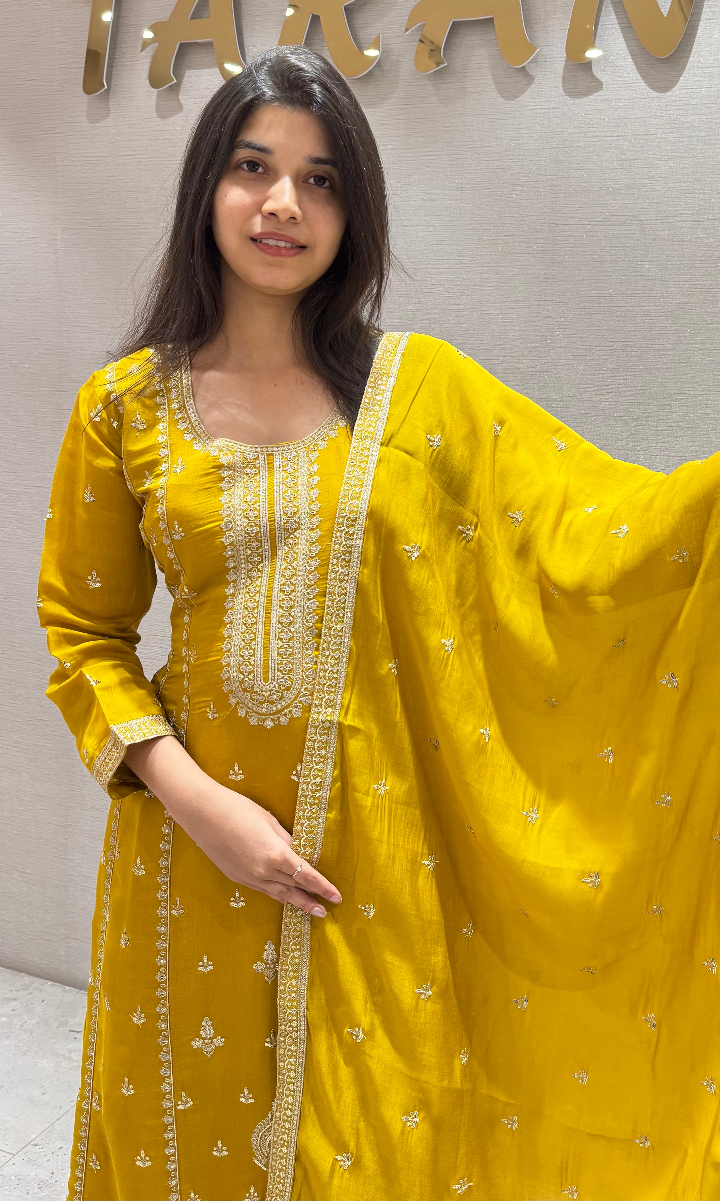 YELLOW Embellished Chinon SILK KURTA SET