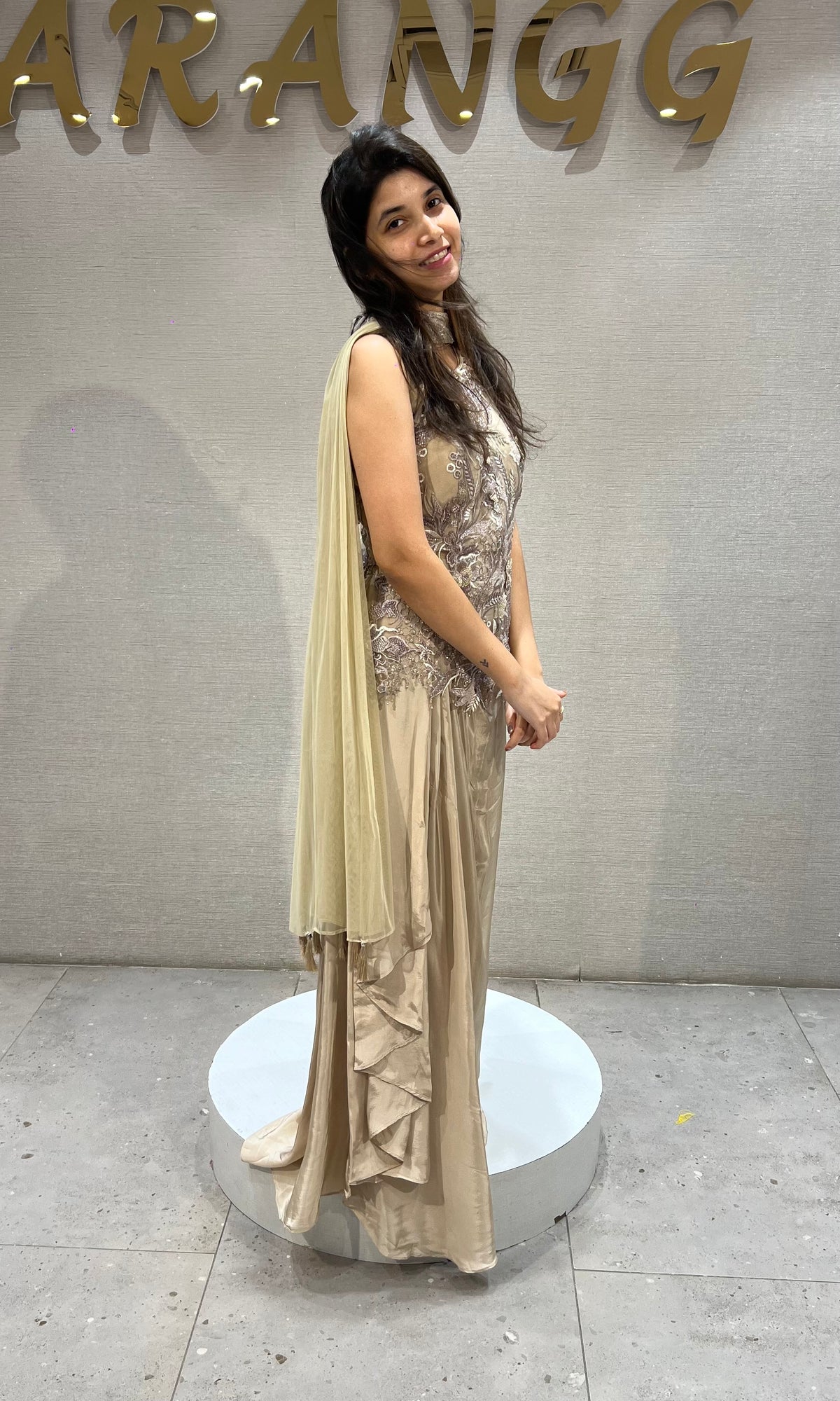 Fawn silk satin Gold Corset Draped Skirt