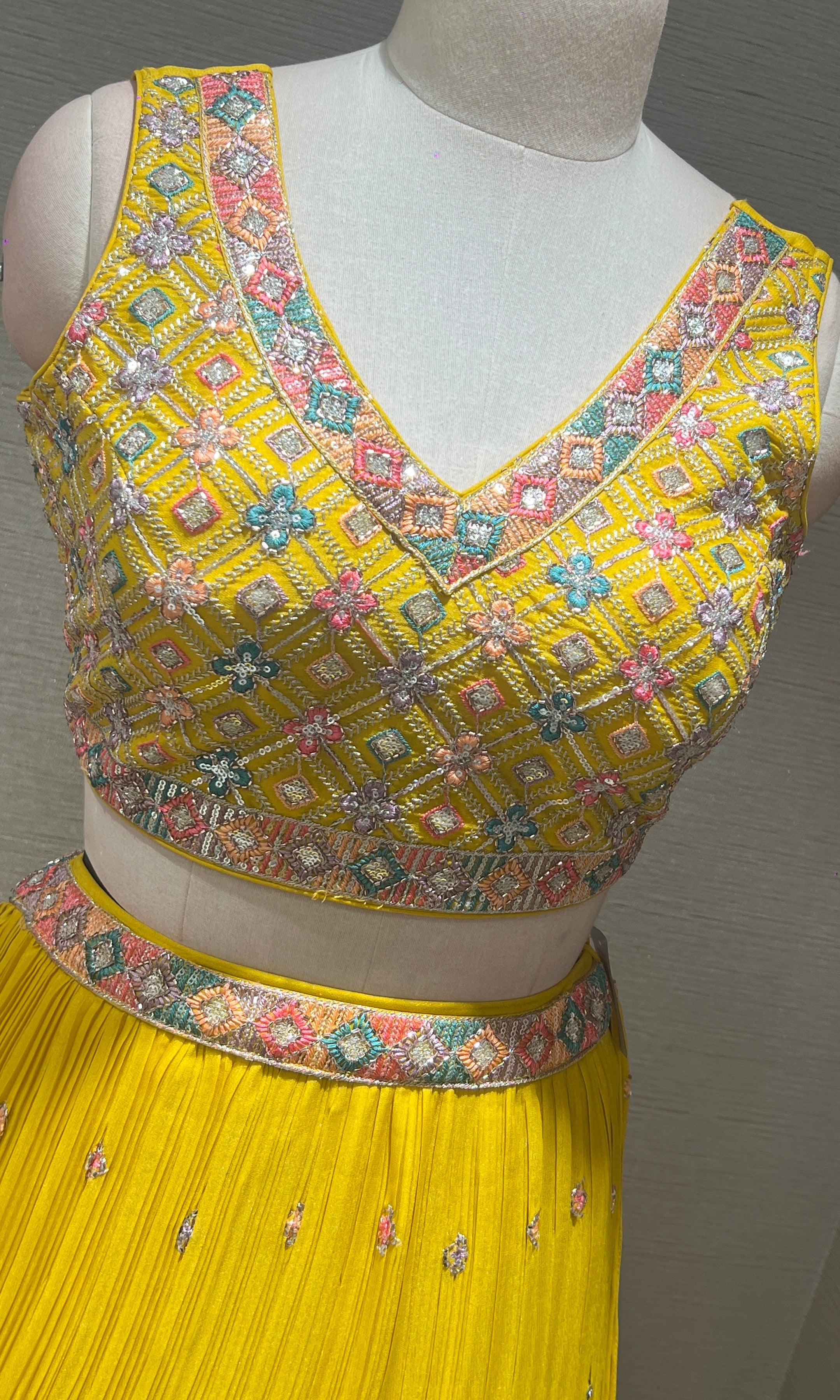 Yellow floral embroidered lehenga