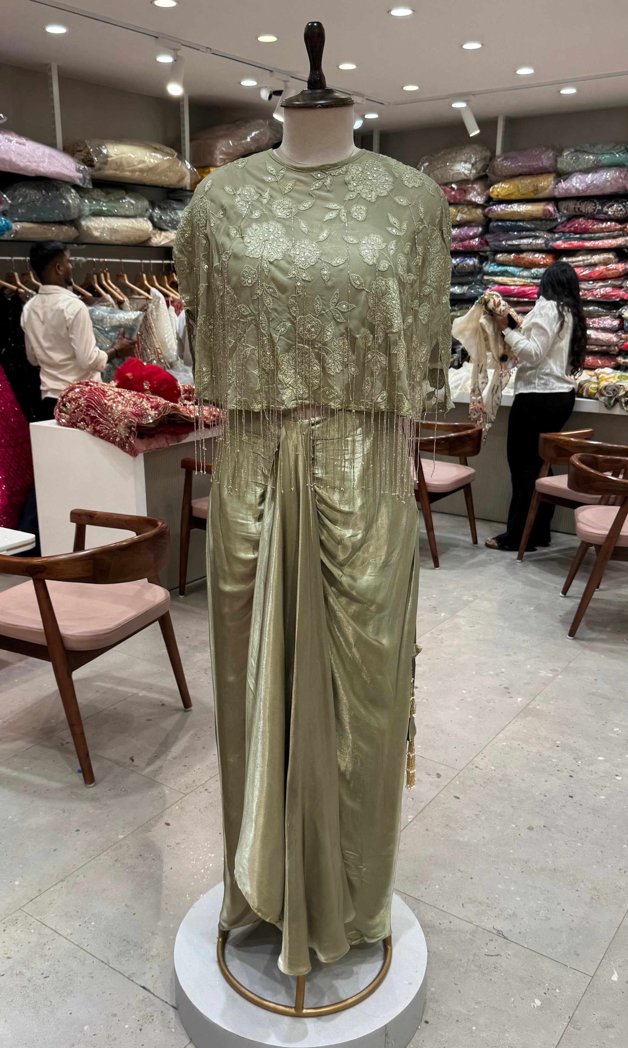 green Drape Gown With Floral Embroidered Cape