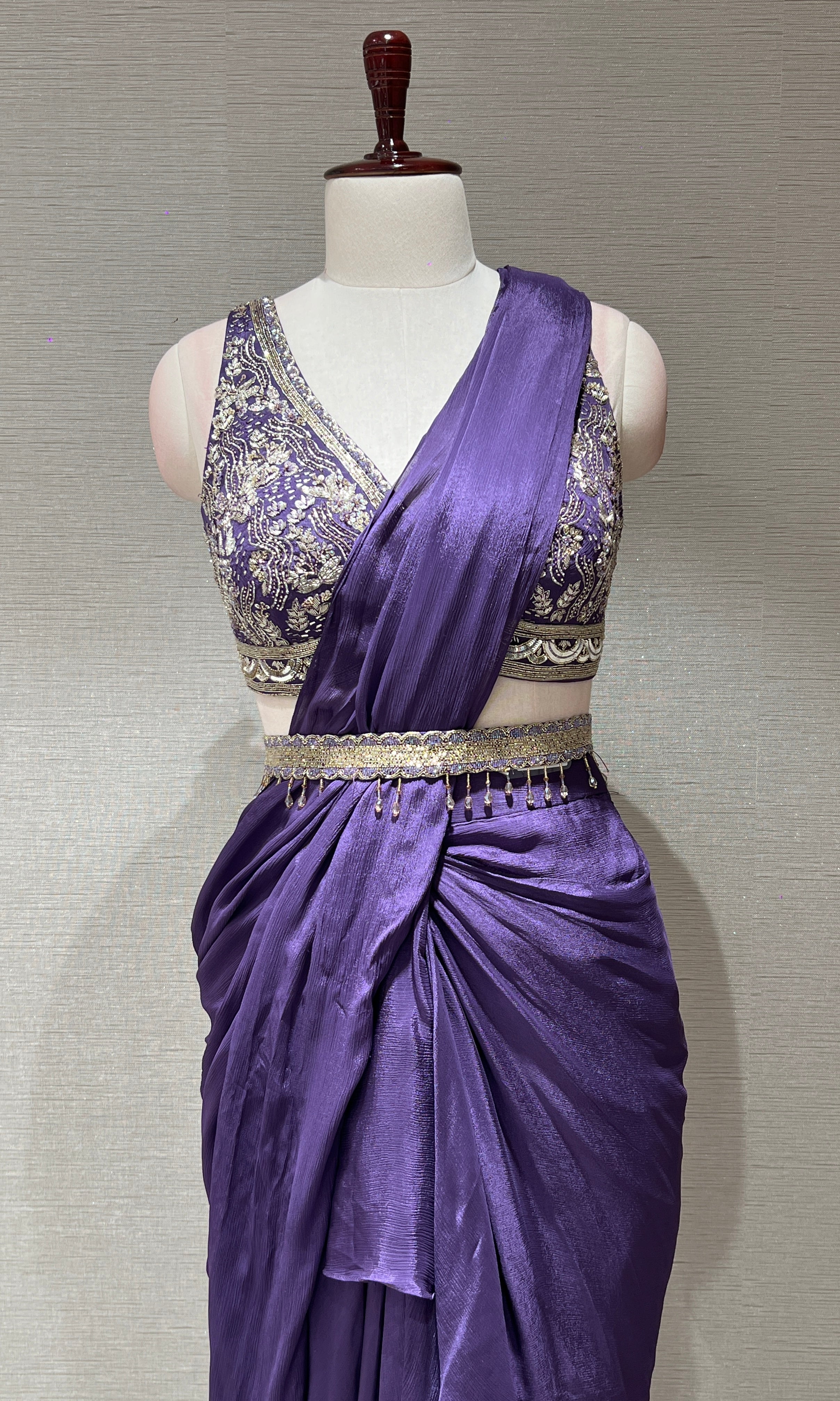 Purple drape saree with ruffles