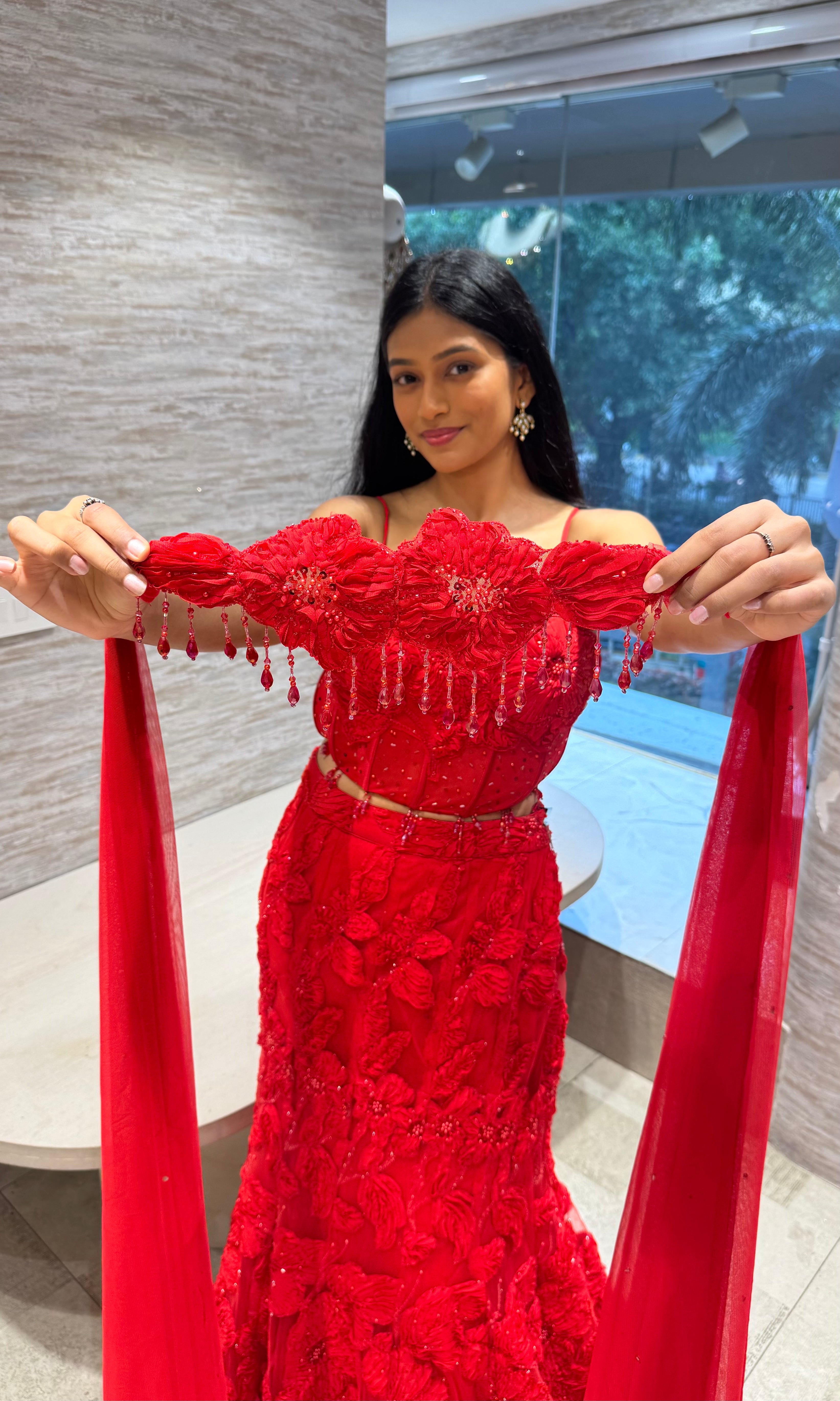 Crimson Red Floral Fish Lehenga set
