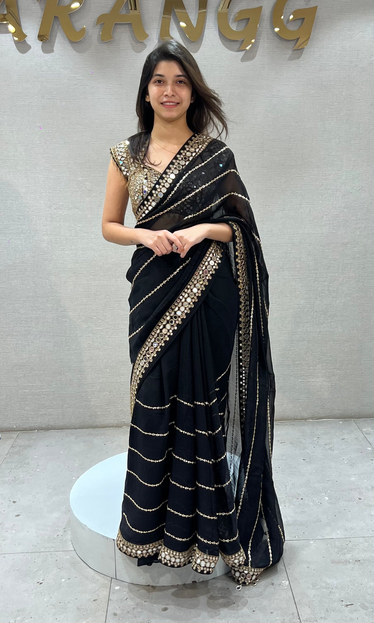 Black Georgette Saree with Golden Zari & Mirror Embroidery