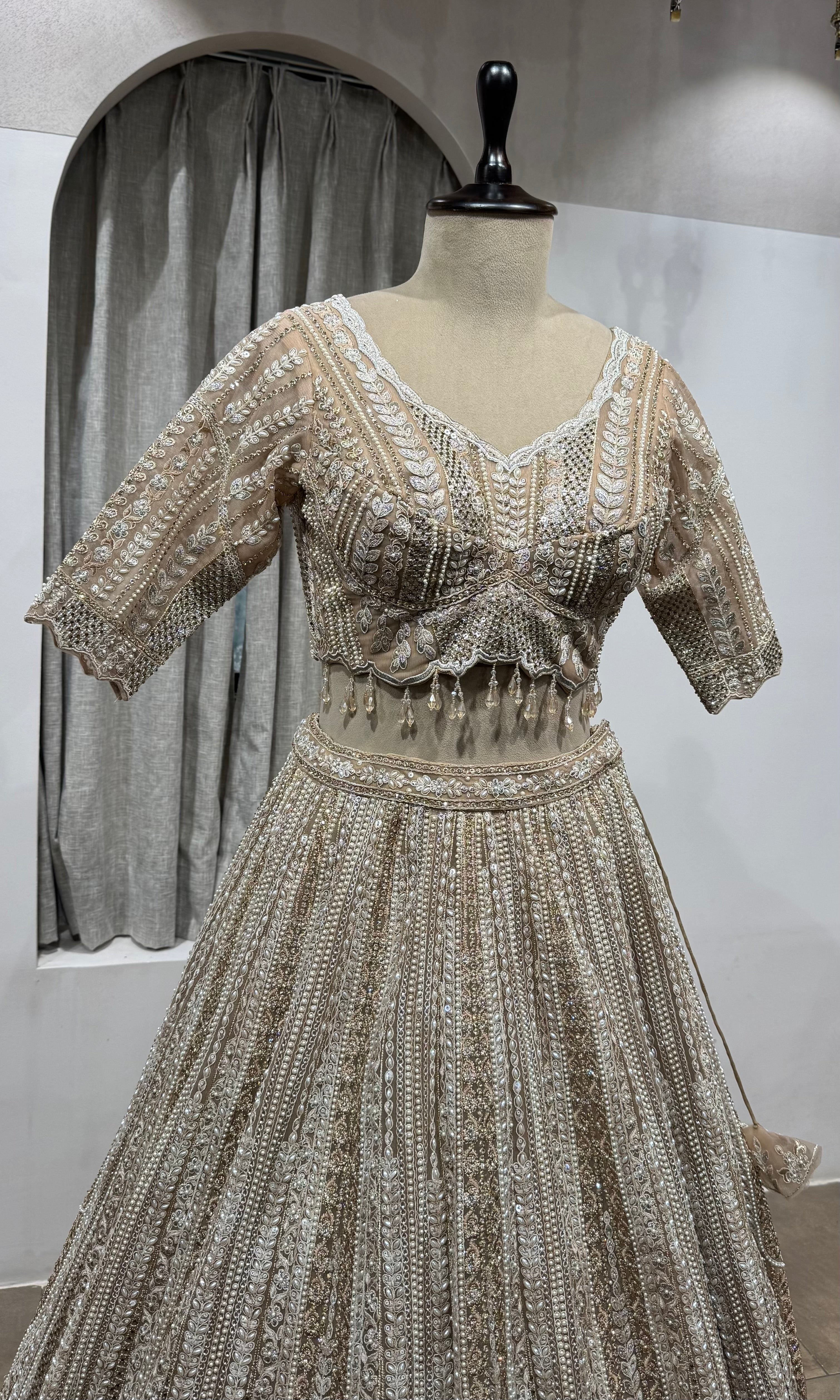 Biege Gold Heavy Embroidered Designer Lehenga Set