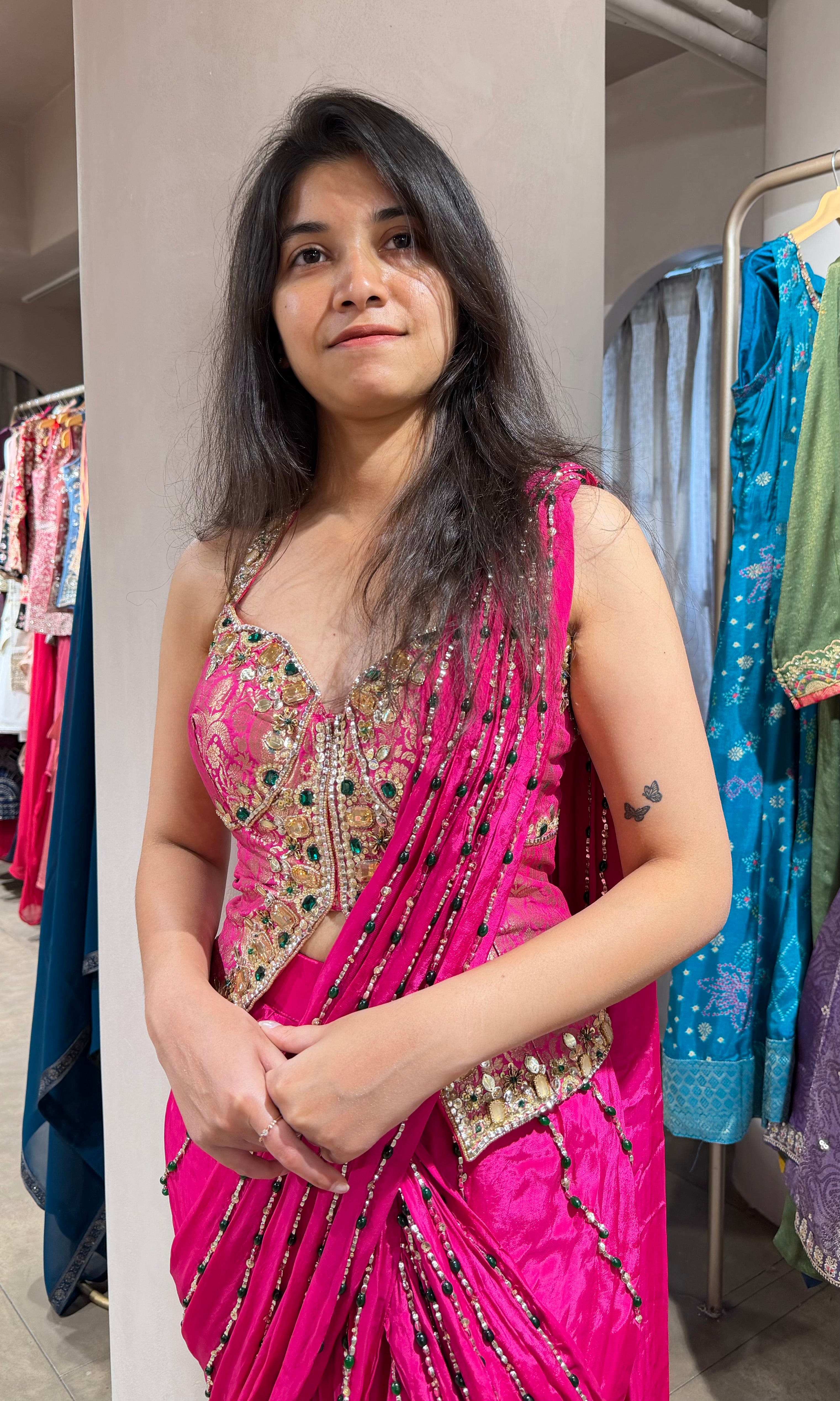 Pink DRAPE SAREE WITH ELEGANT CORSET BLOUSE