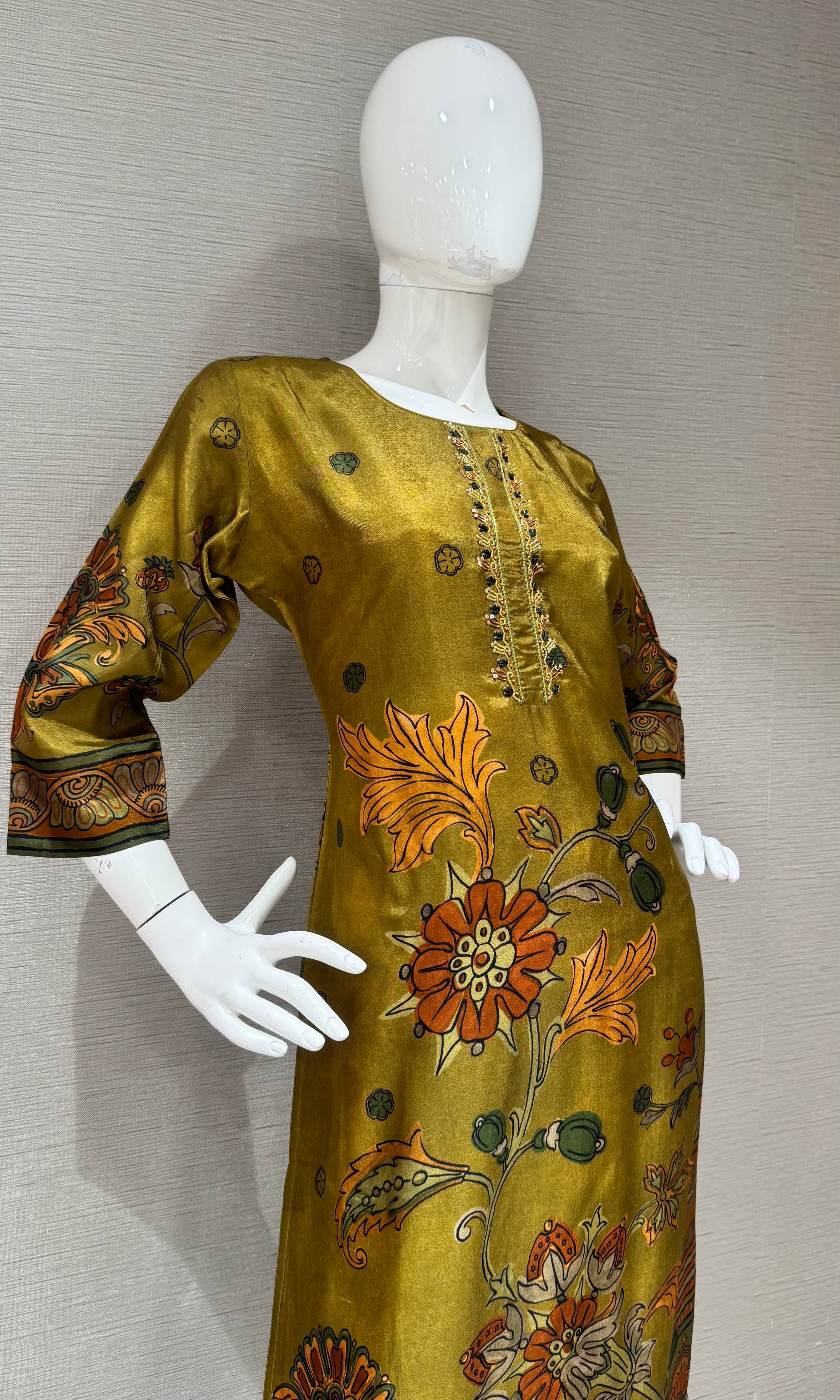 Mustard Green Floral Motif Kurta Top