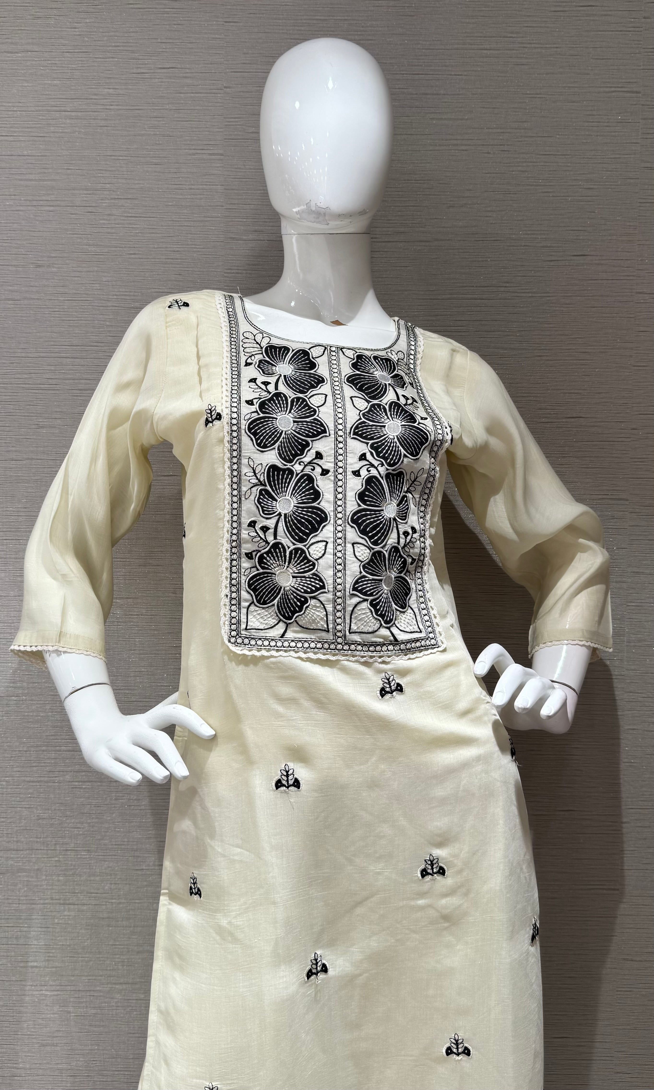Cream & Black Embroidered Kurta set