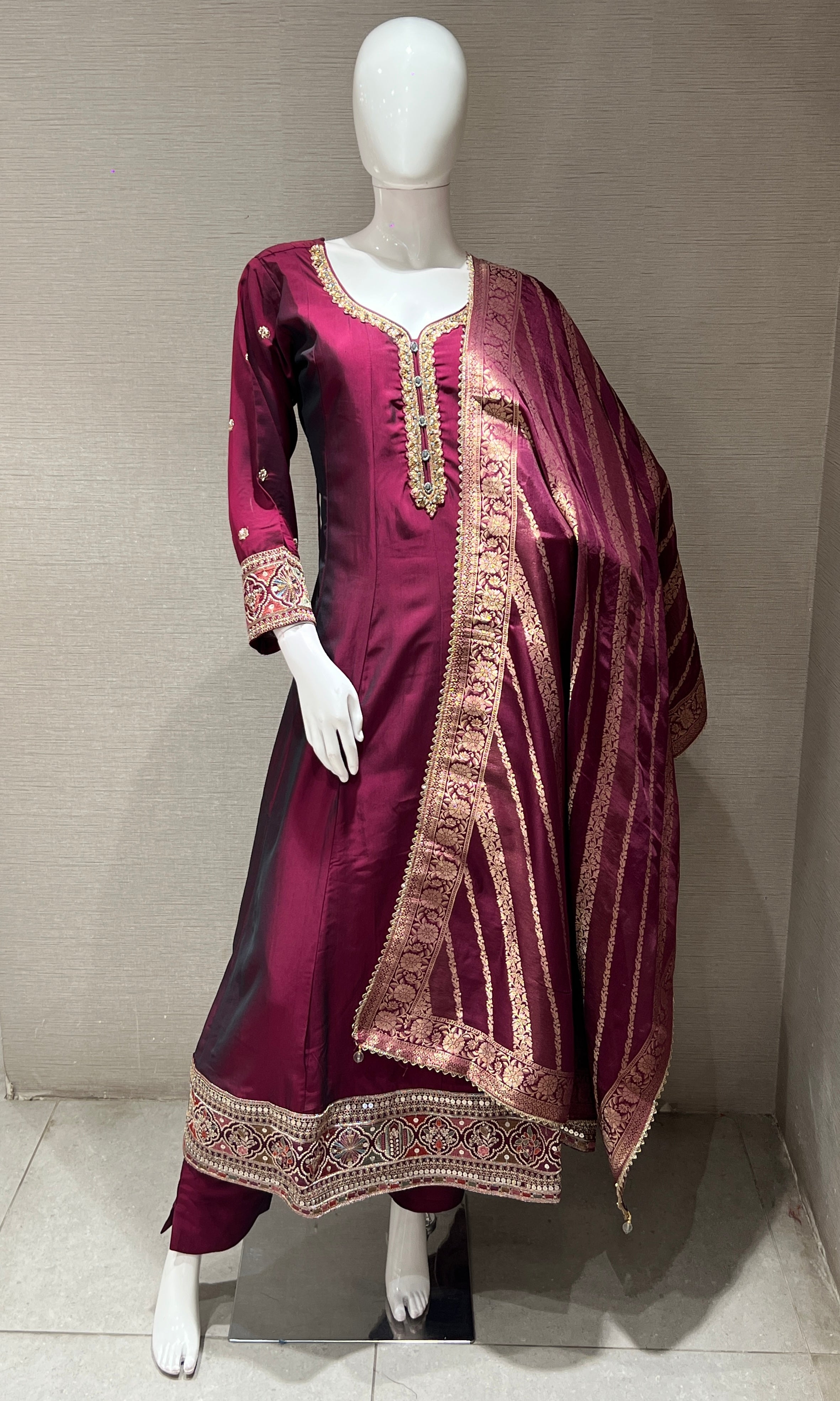 wine gold embroidery anarkali set