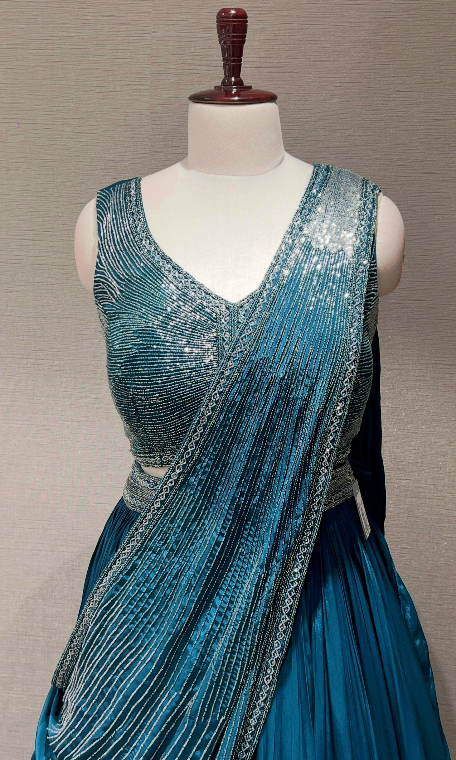 Peacock green Lehenga with draped sequins Pallu