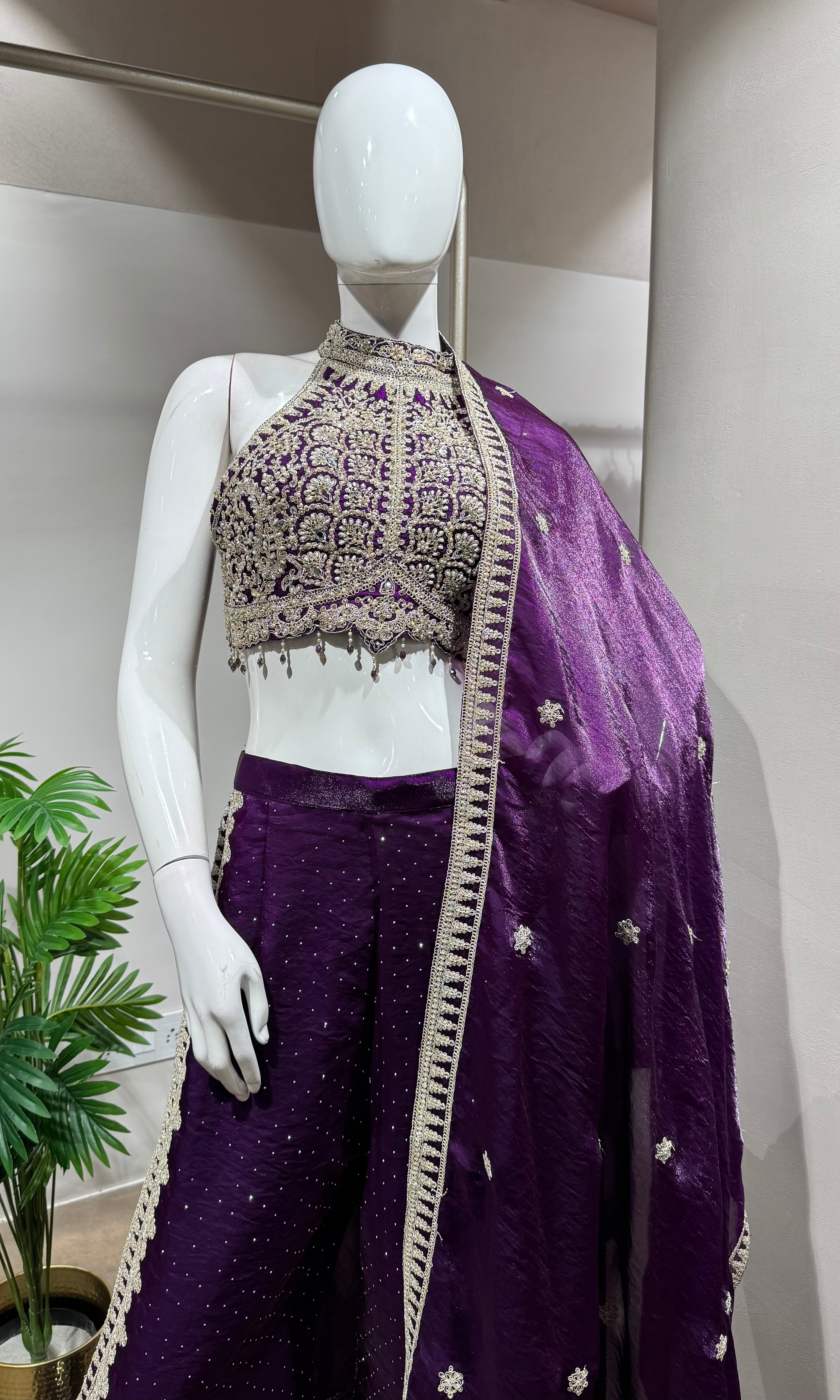 PURPLE EMBROIDERED HALTER CROP TOP PALAZZO SET