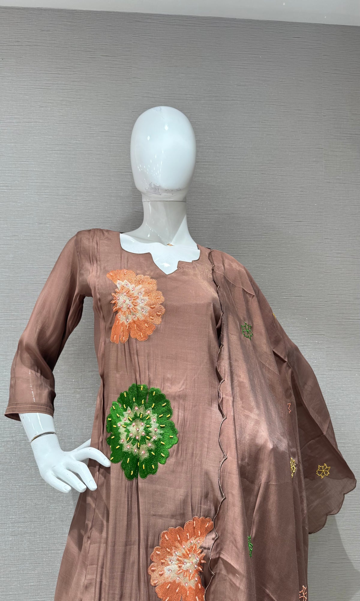 Light Brown cotton silk Floral Motif Kurta set with dupatta