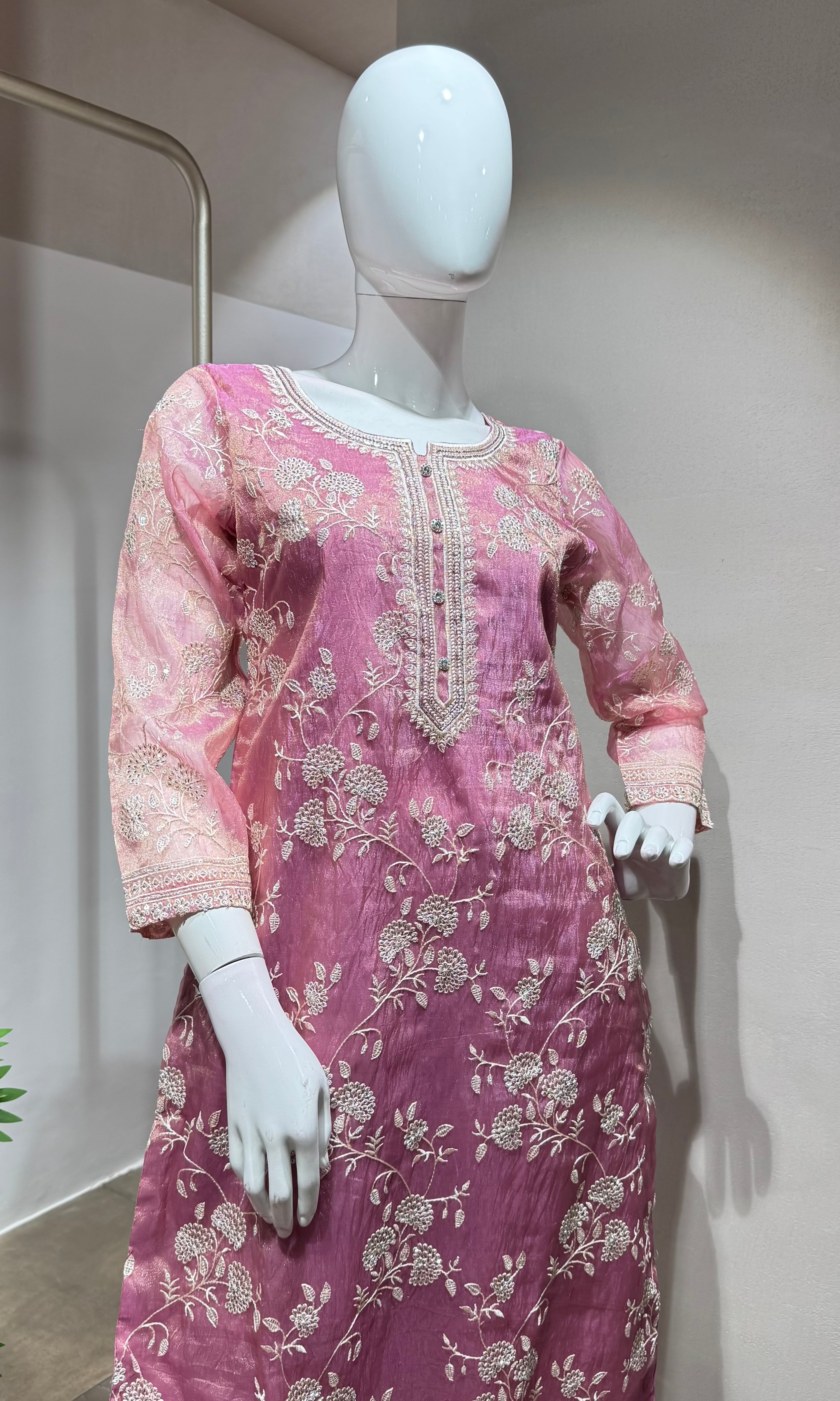Onion pink floral embroidery kurta set
