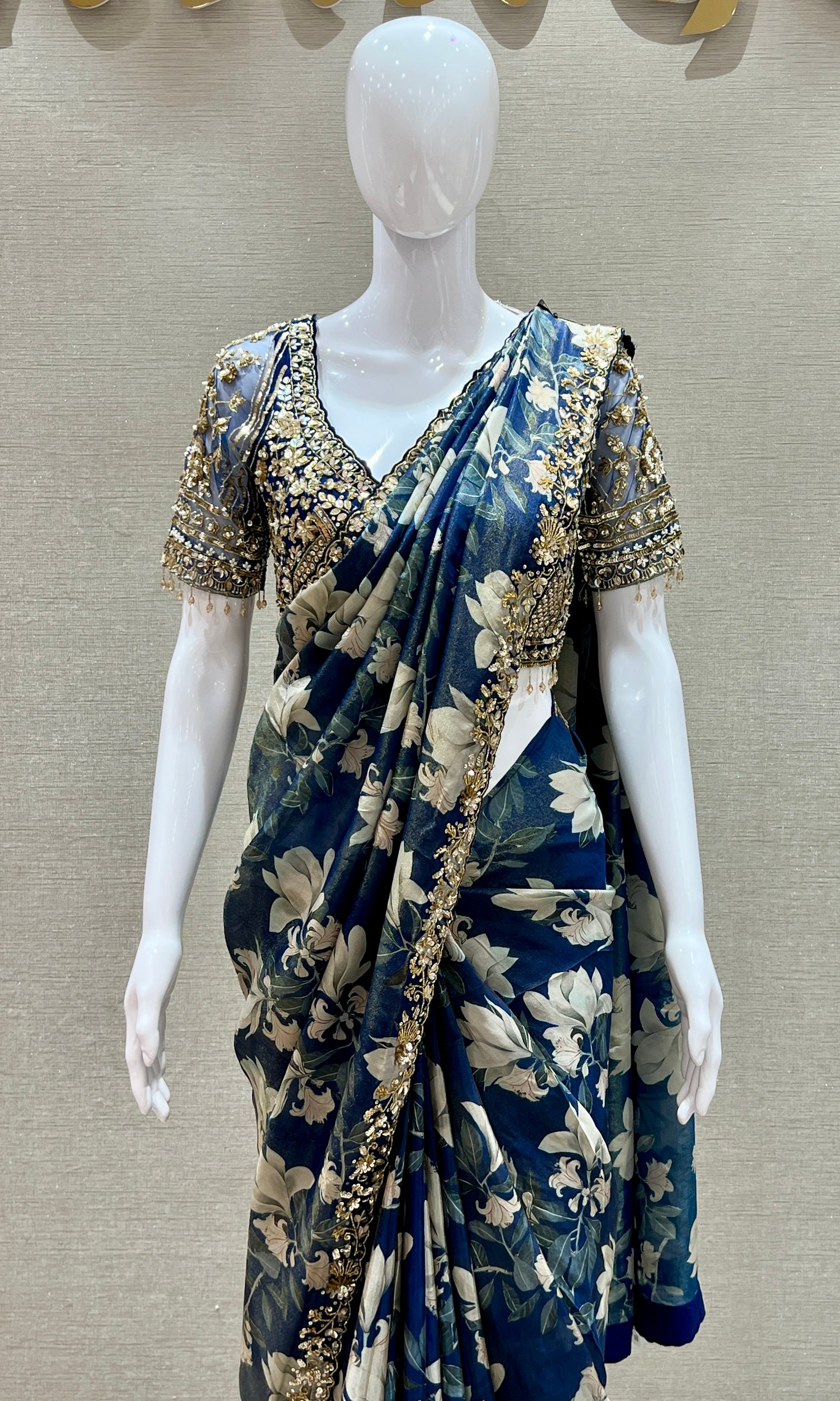 Blue saree with ready blouse