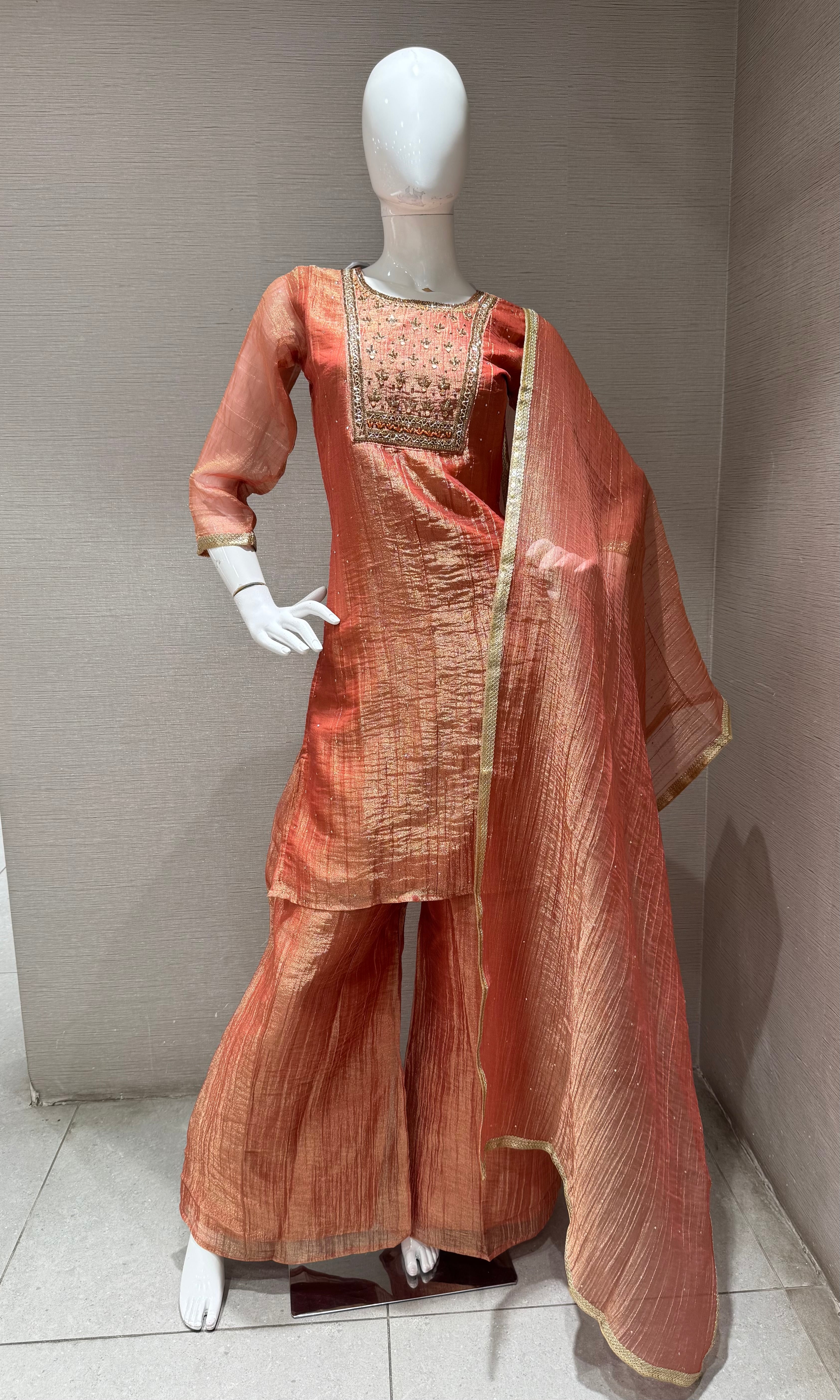 Rust Tissue silk Salwar Kurta with Palazzo pants