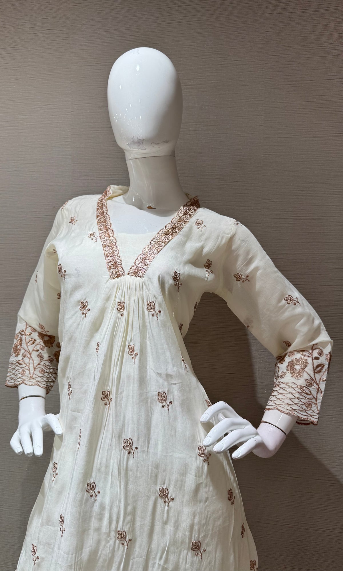 White golden floral a line kurta set with dupatta