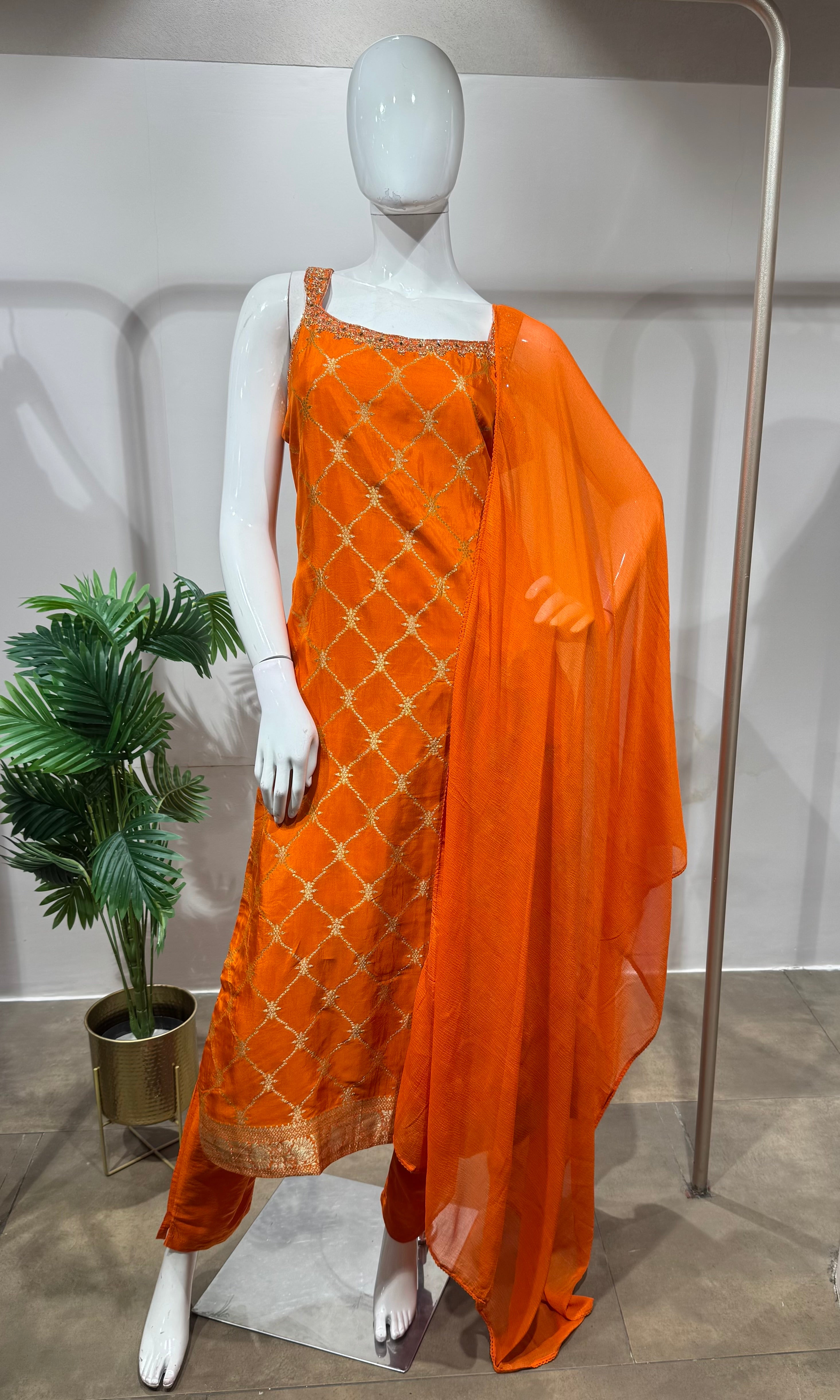 Orange silk straight kurta set