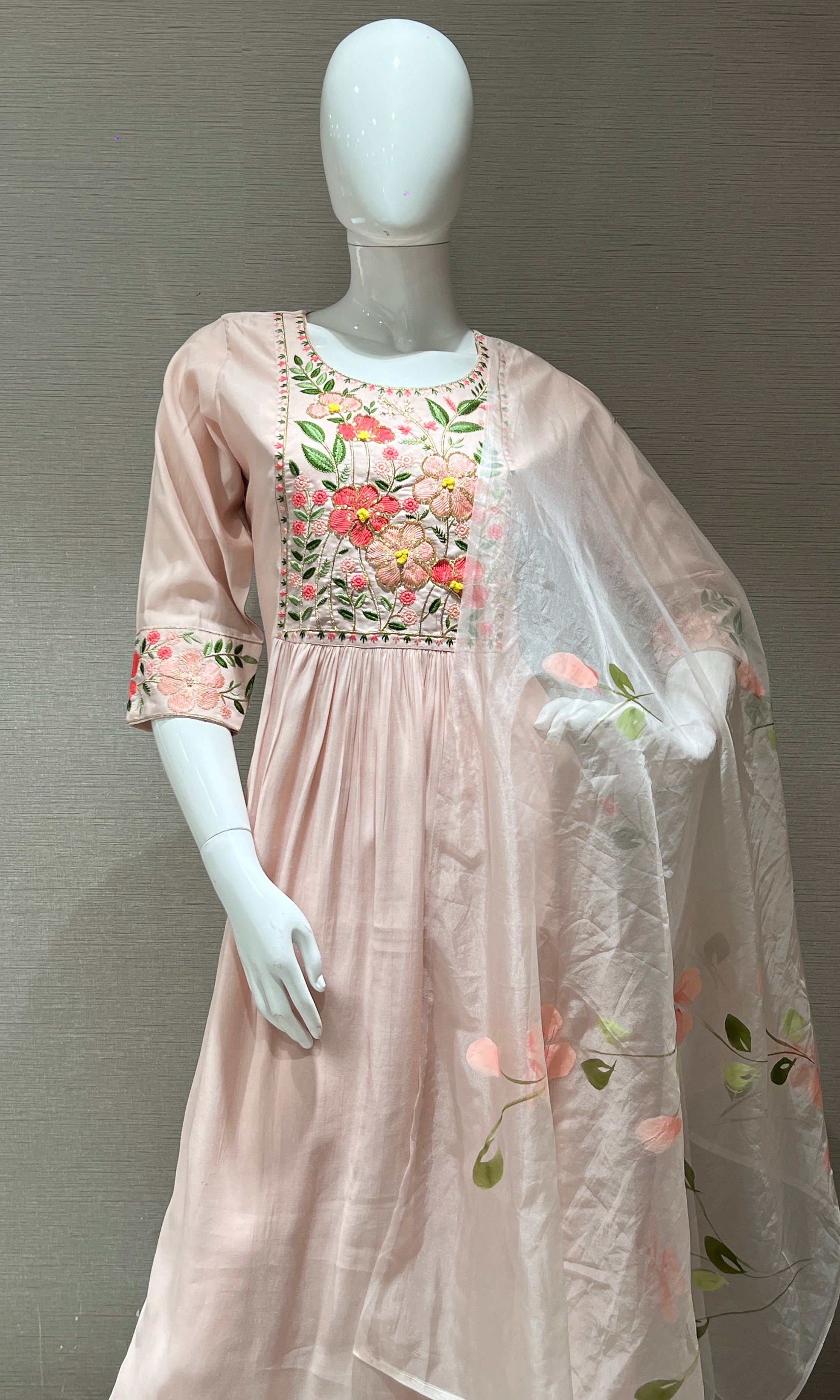 Light Peach Floral Charm Mul Chanderi kurta set