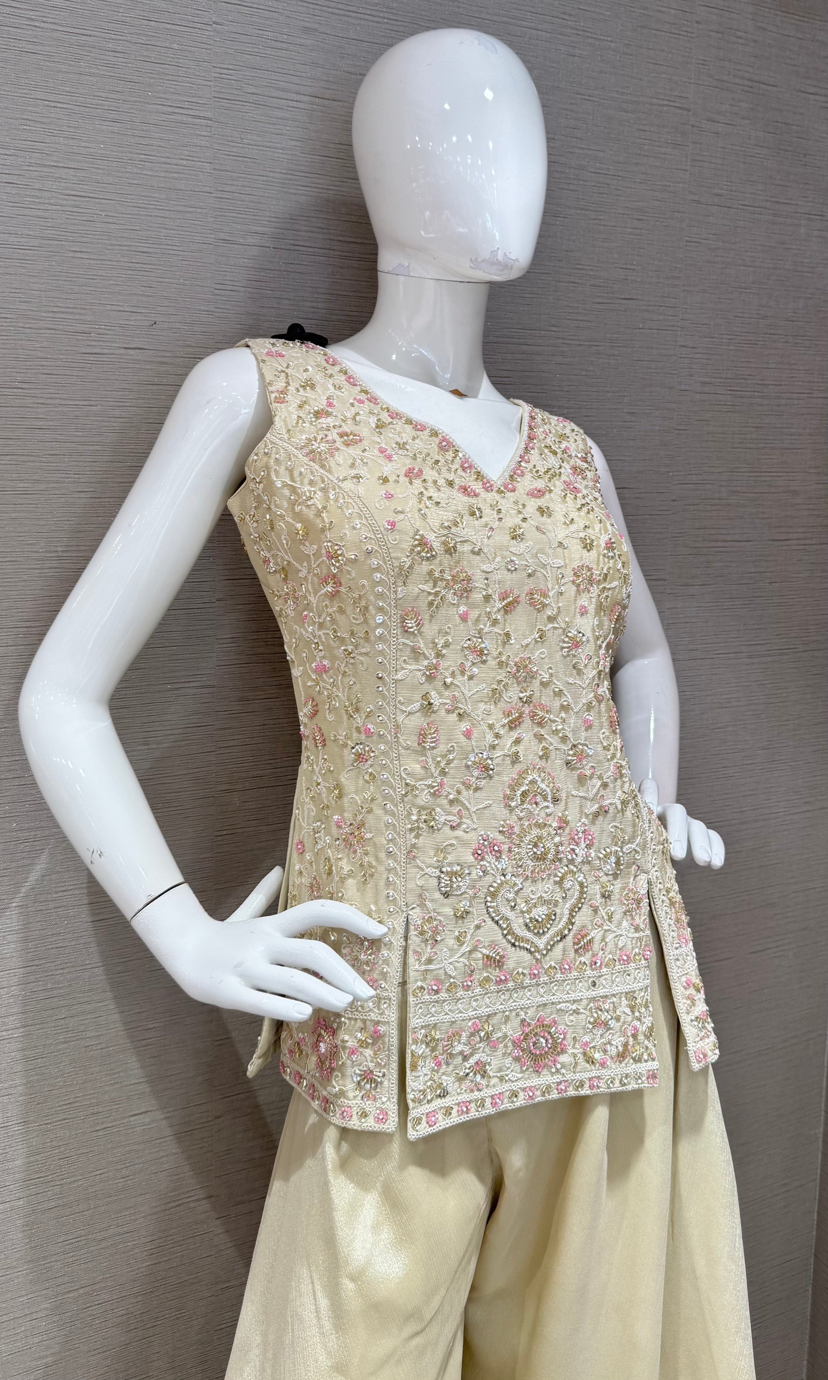 Cream Floral embroidered peplum palazzo set