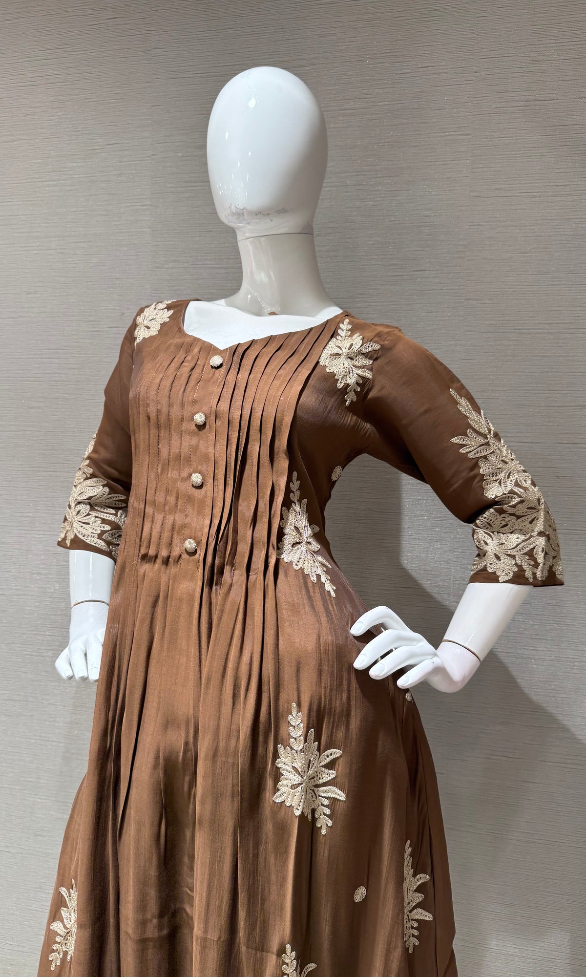 Brown Floral Mul Chenderi Kurta set with Dupatta