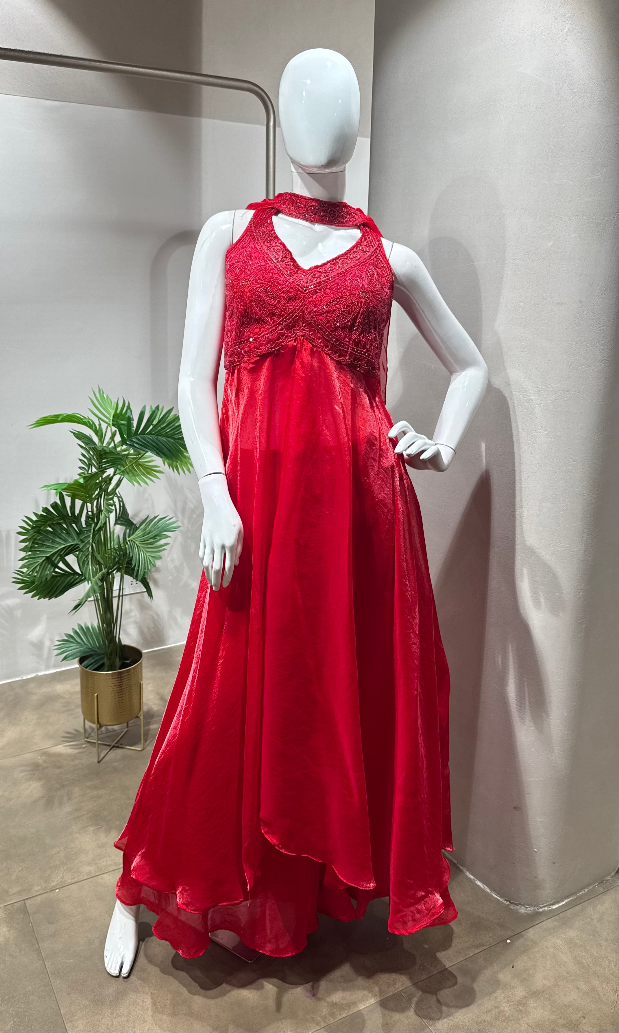 Red Front-Slit Anarkali Palazzo Set