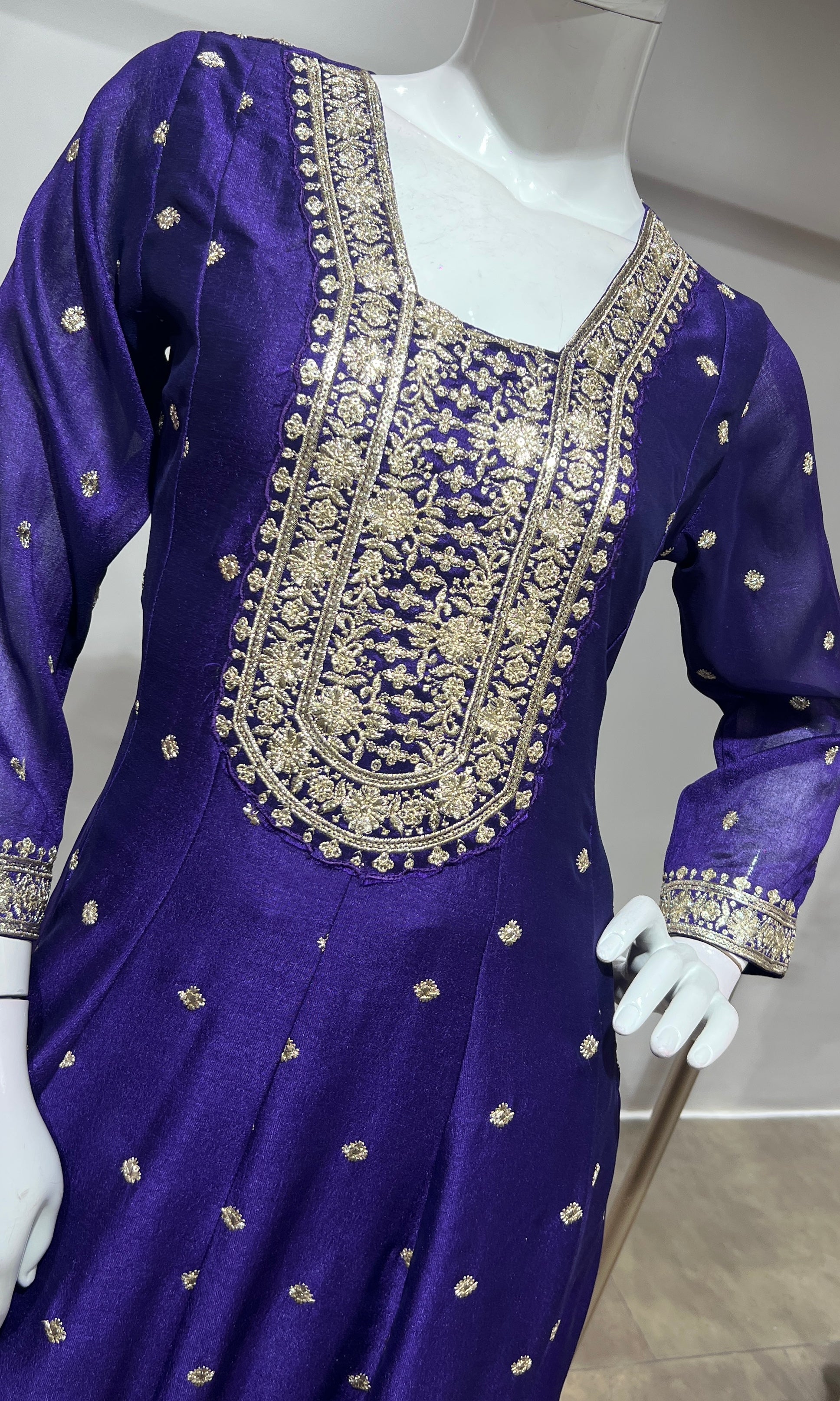 Purple gold embroidered anarkali set