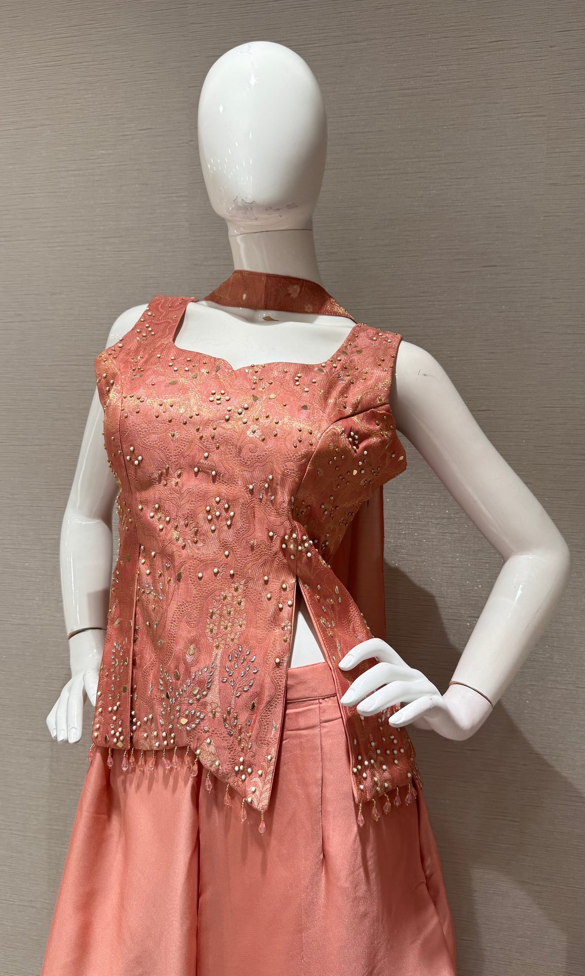 Rust Satin Embellished Crop Top and Palazzo Set