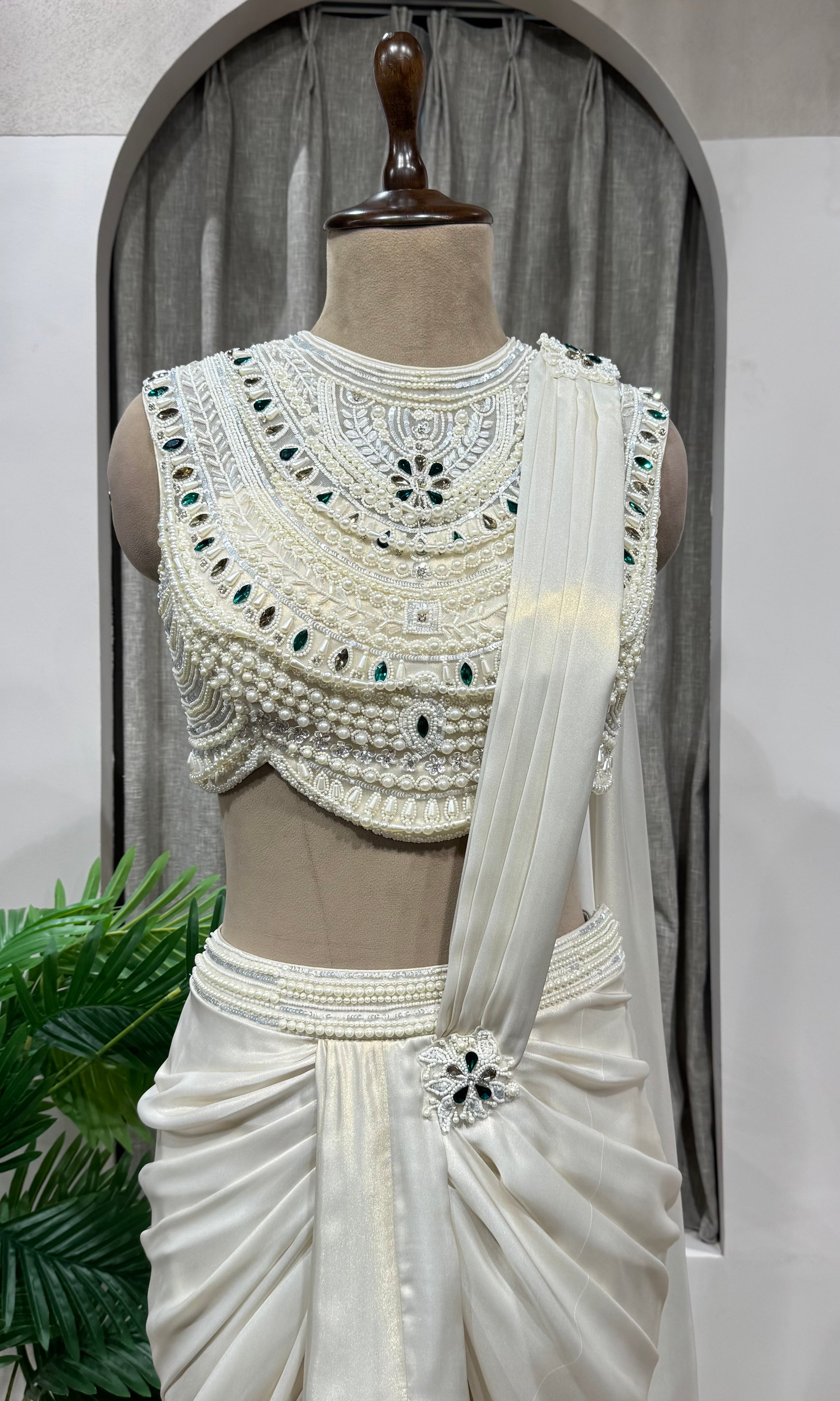 White Mirror and Pearl Embroidered Satin Draped SKIRT