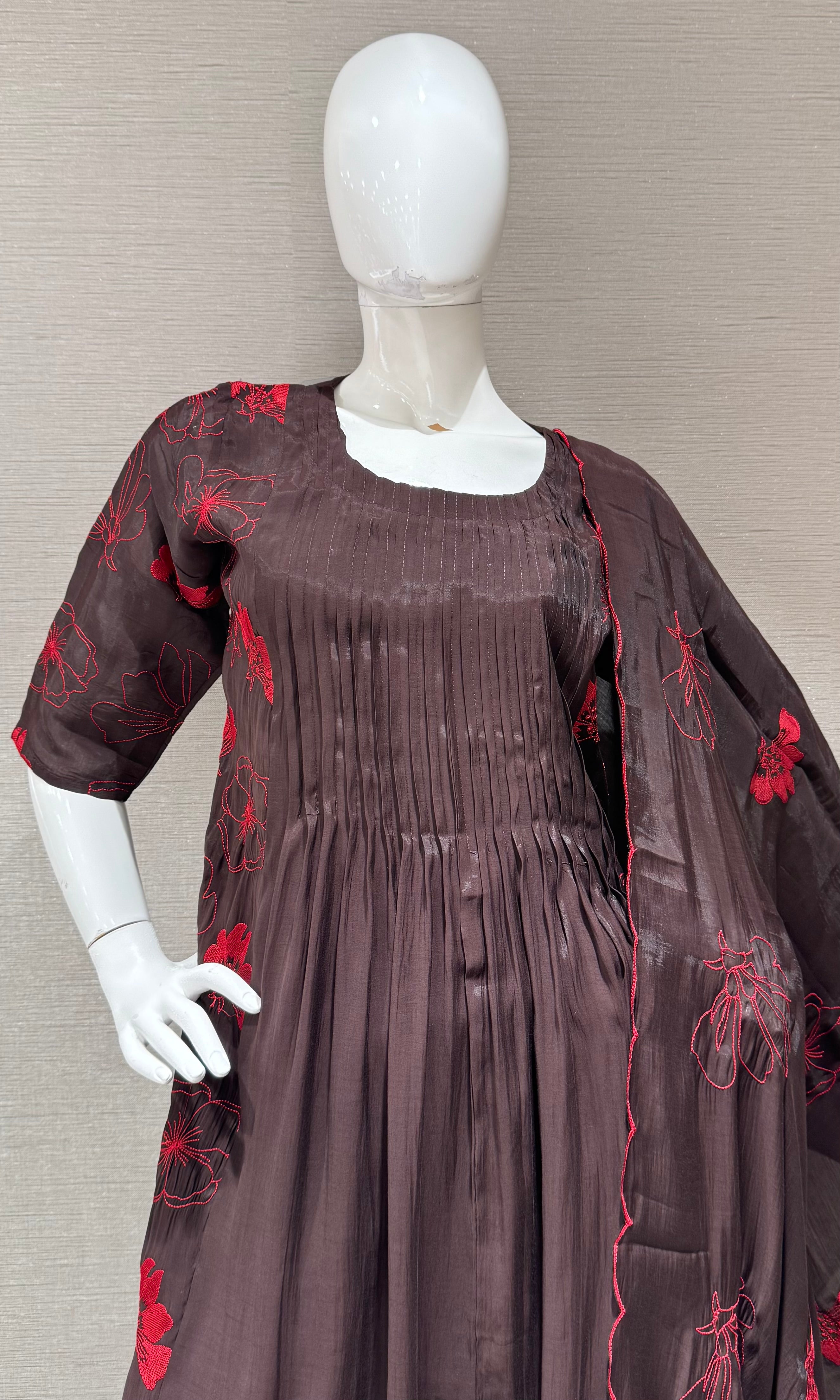 Deep Brown Floral Mul chanderi Kurta Set with Dupatta