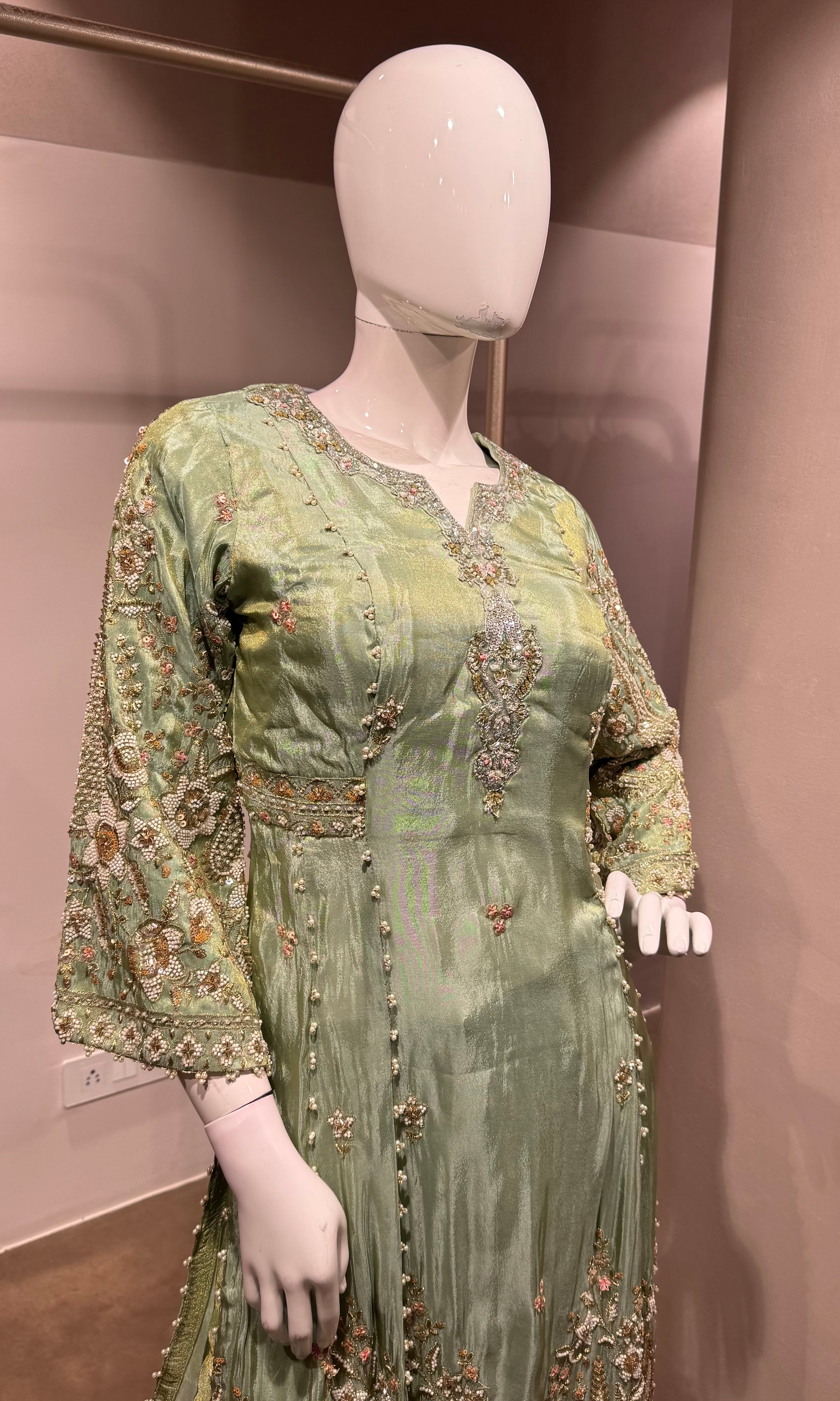 Pista green Embroidered Silk Nyra cut palazzo set