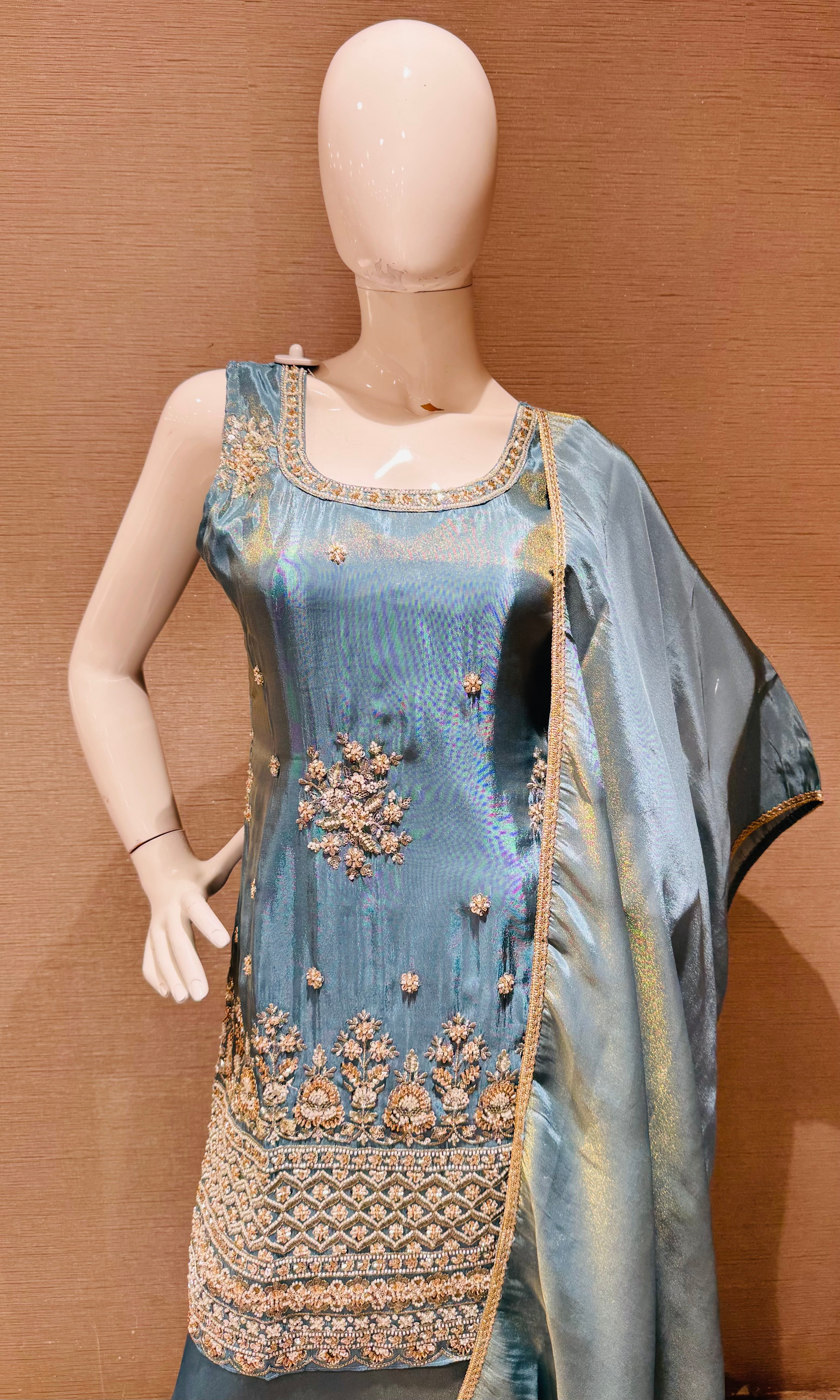 Blue shimmer tissue embroidered sharara set