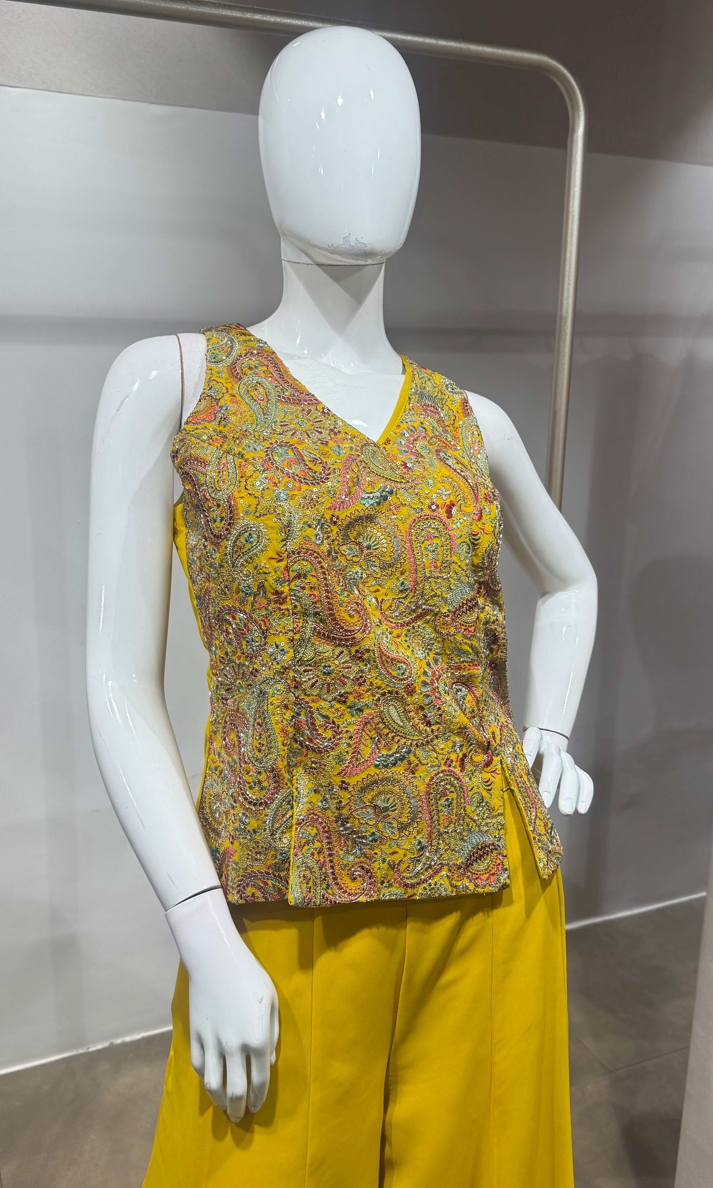 Yellow Embroidered Peplum Palazzo Set