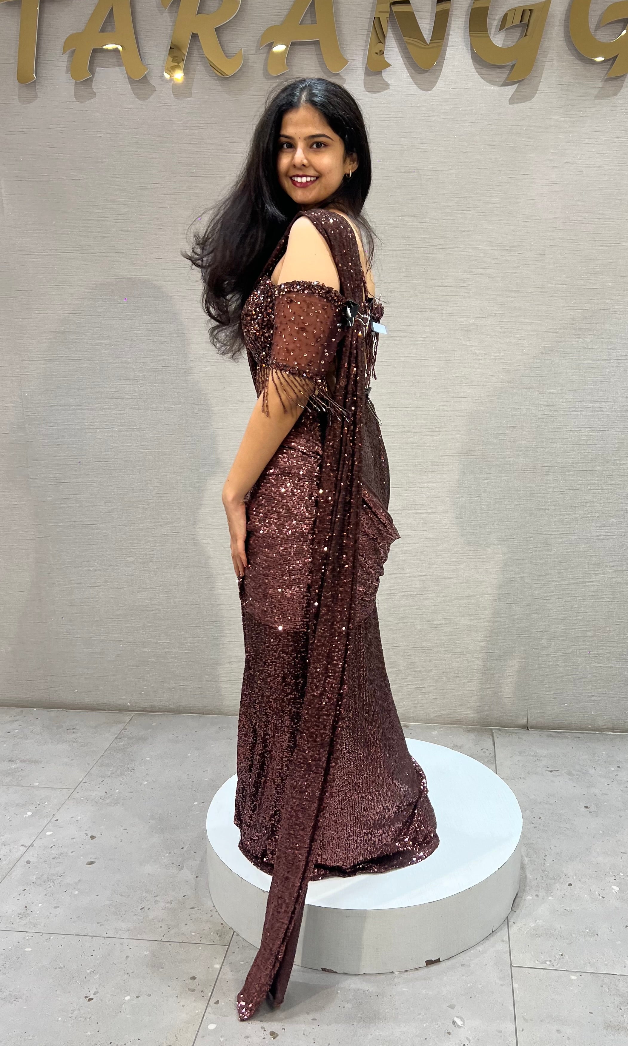 Copper Sequined Draped Saree with Off-Shoulder Blouse