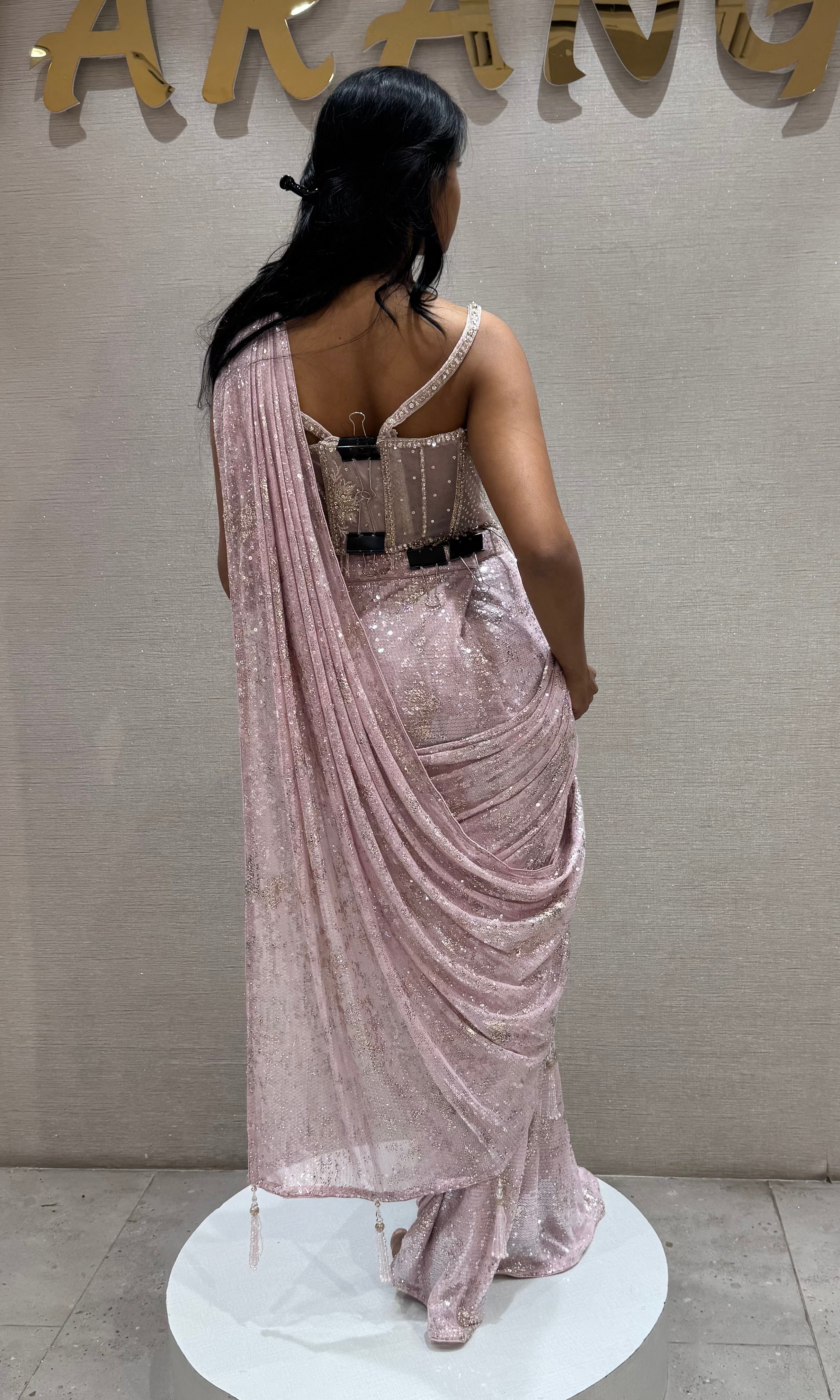 Baby Pink Embellished Drapee Saree with Corset Bustier