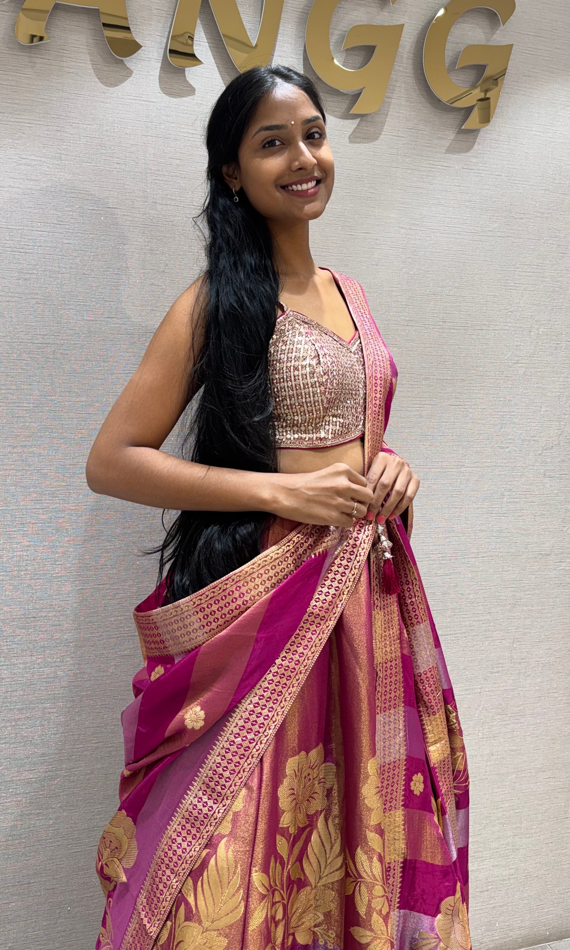Fuchsia PINK and Gold Floral Banarasi Silk Lehenga