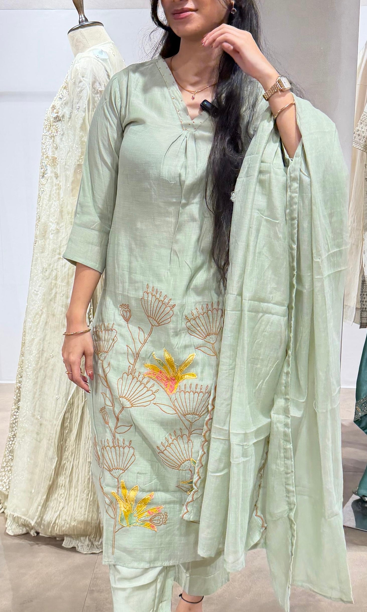 Pista green Floral Embroidered KURTA SET