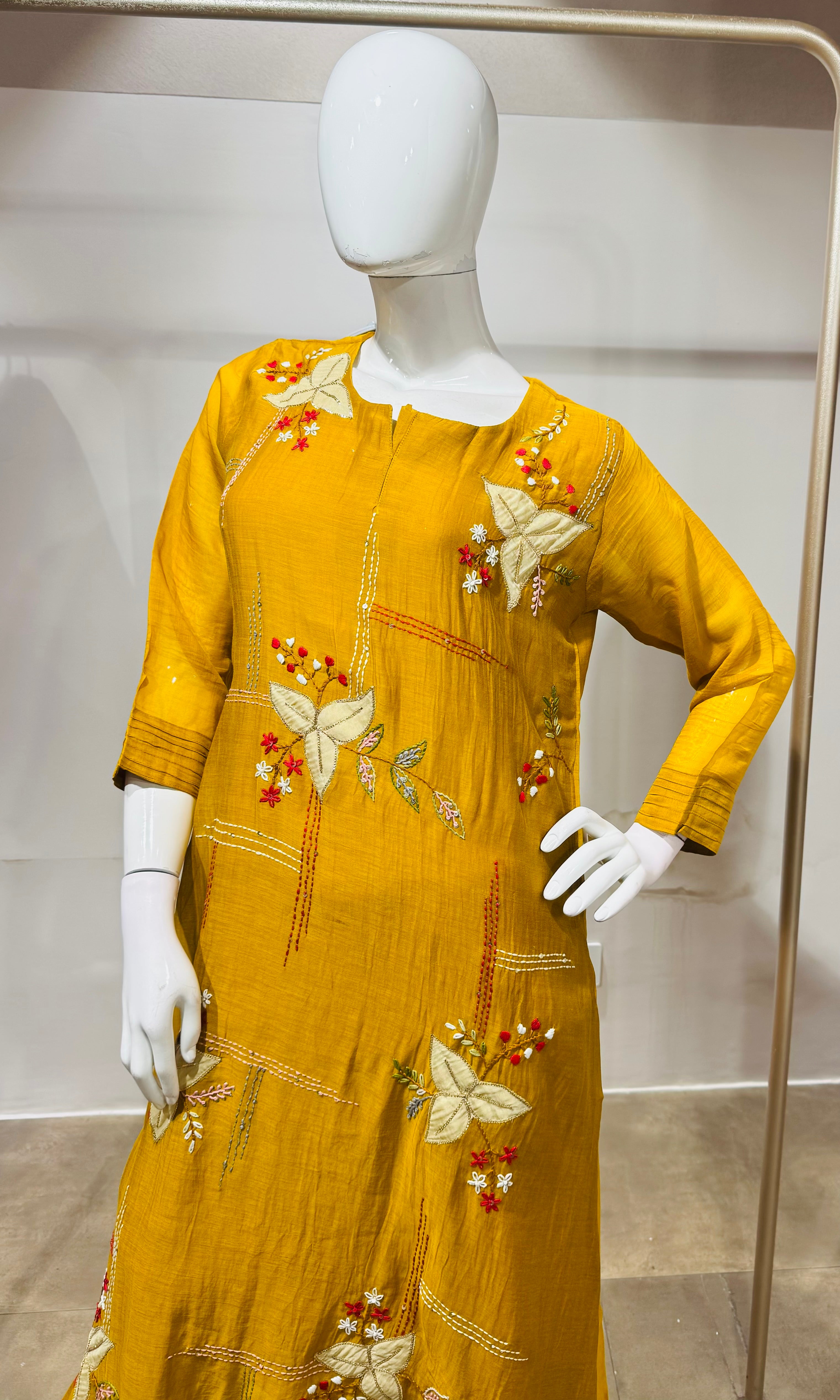 Mustard Elegant Muslin Pleated Chanderi Kurta Set