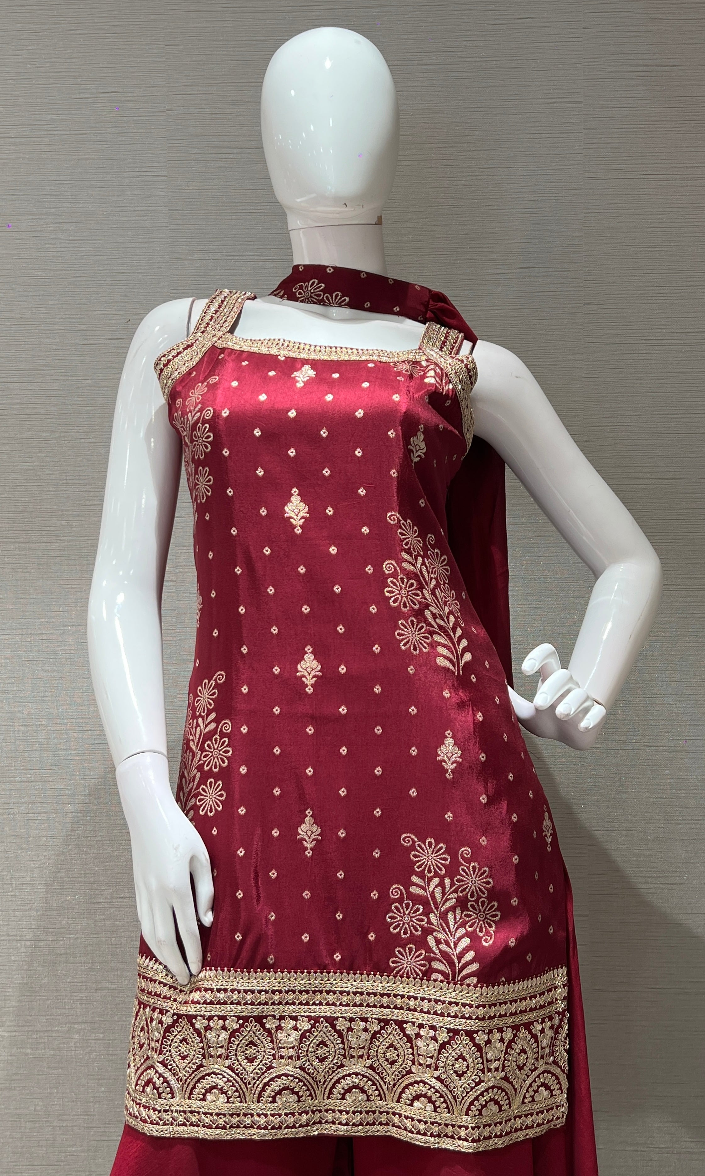 Wine GOLD EMBROIDERED SHARARA SET