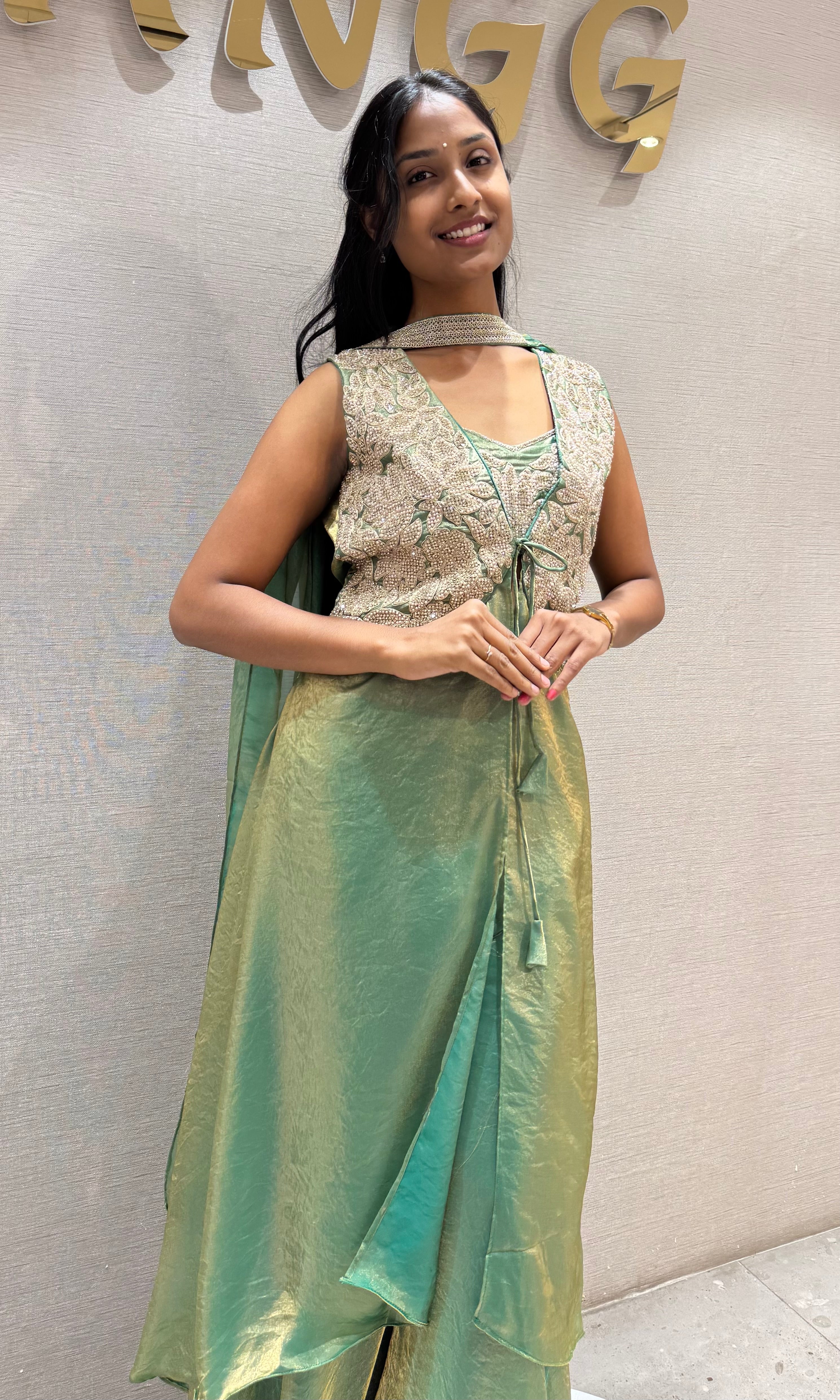 Rama Green Shimmer Tissue Palazzo Set