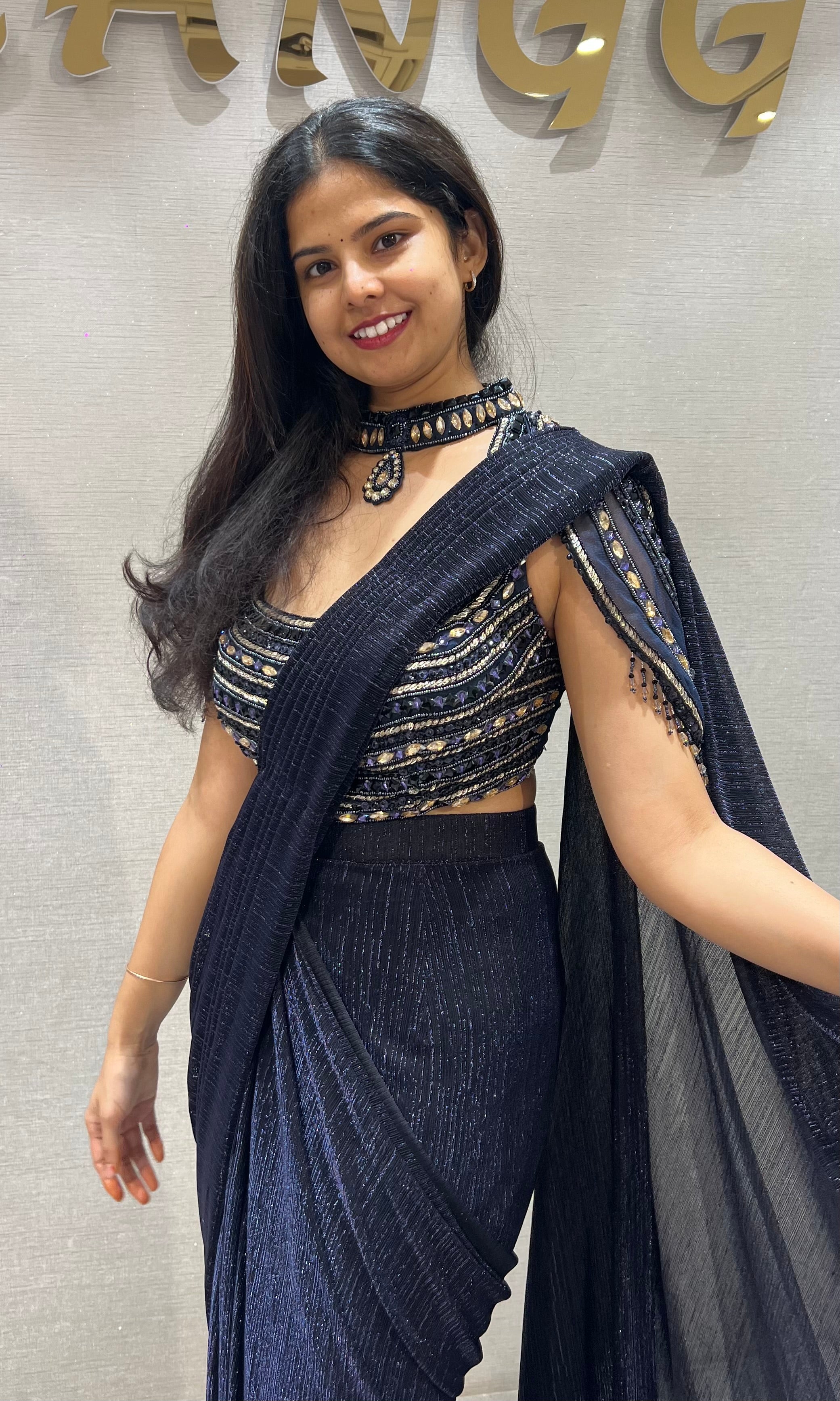 Blue Shimmer Drape Saree with Embroidered Blouse