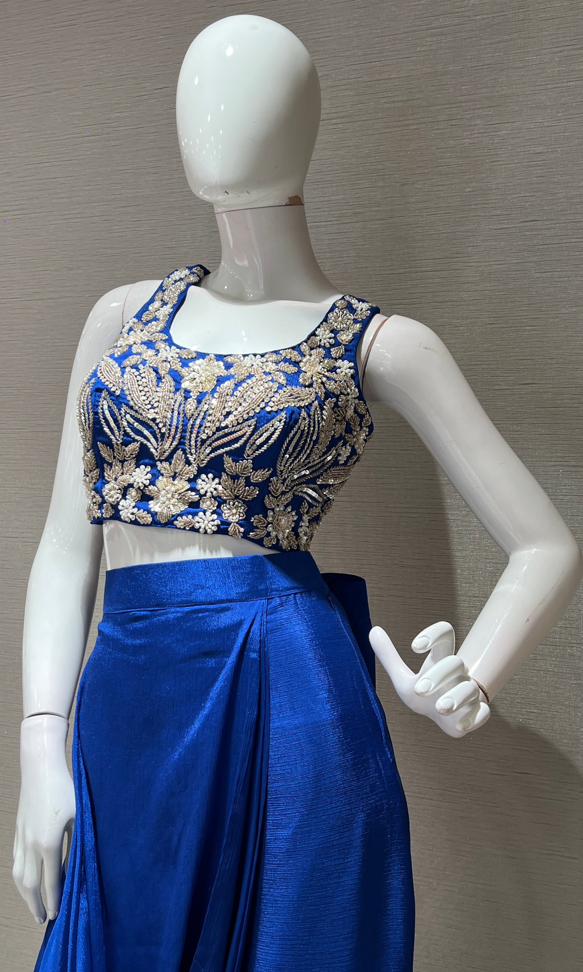 blue EMBROIDERED BLOUSE WITH draped skirt & CAPE