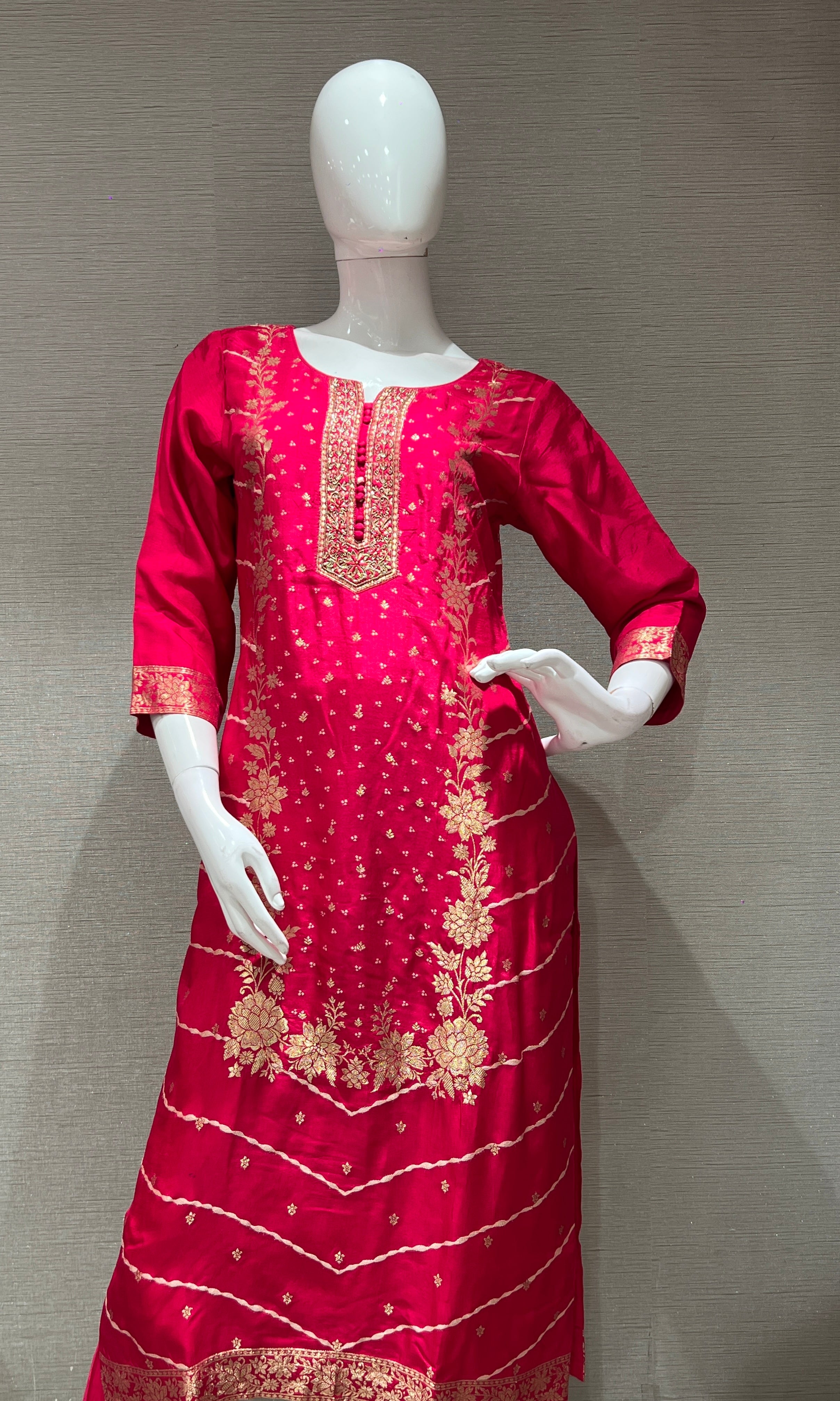 Rani Pink Kurta Set with Gold Print Dupatta