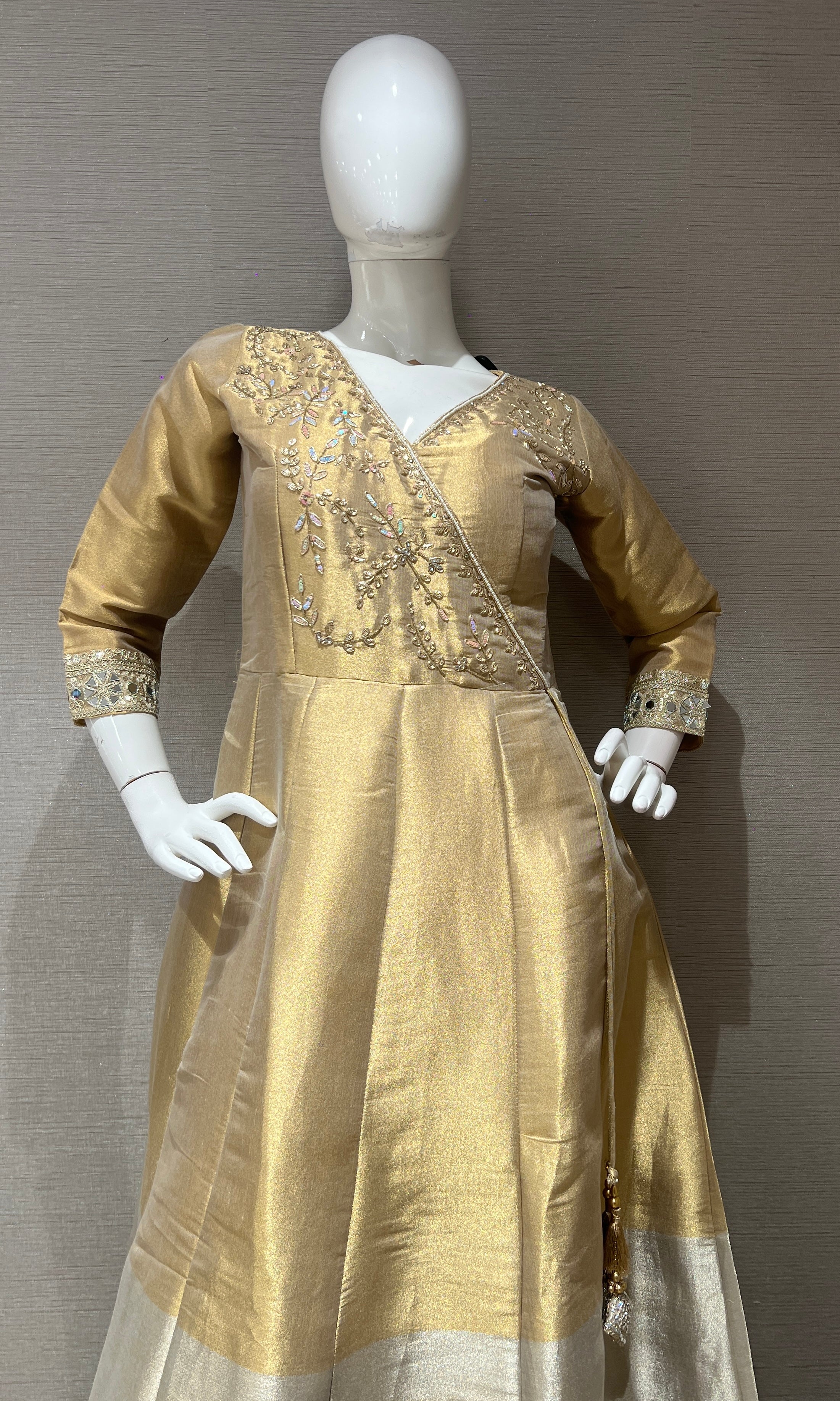 Gold Embroidered Silk Anarkali Gown with Matching Dupatta