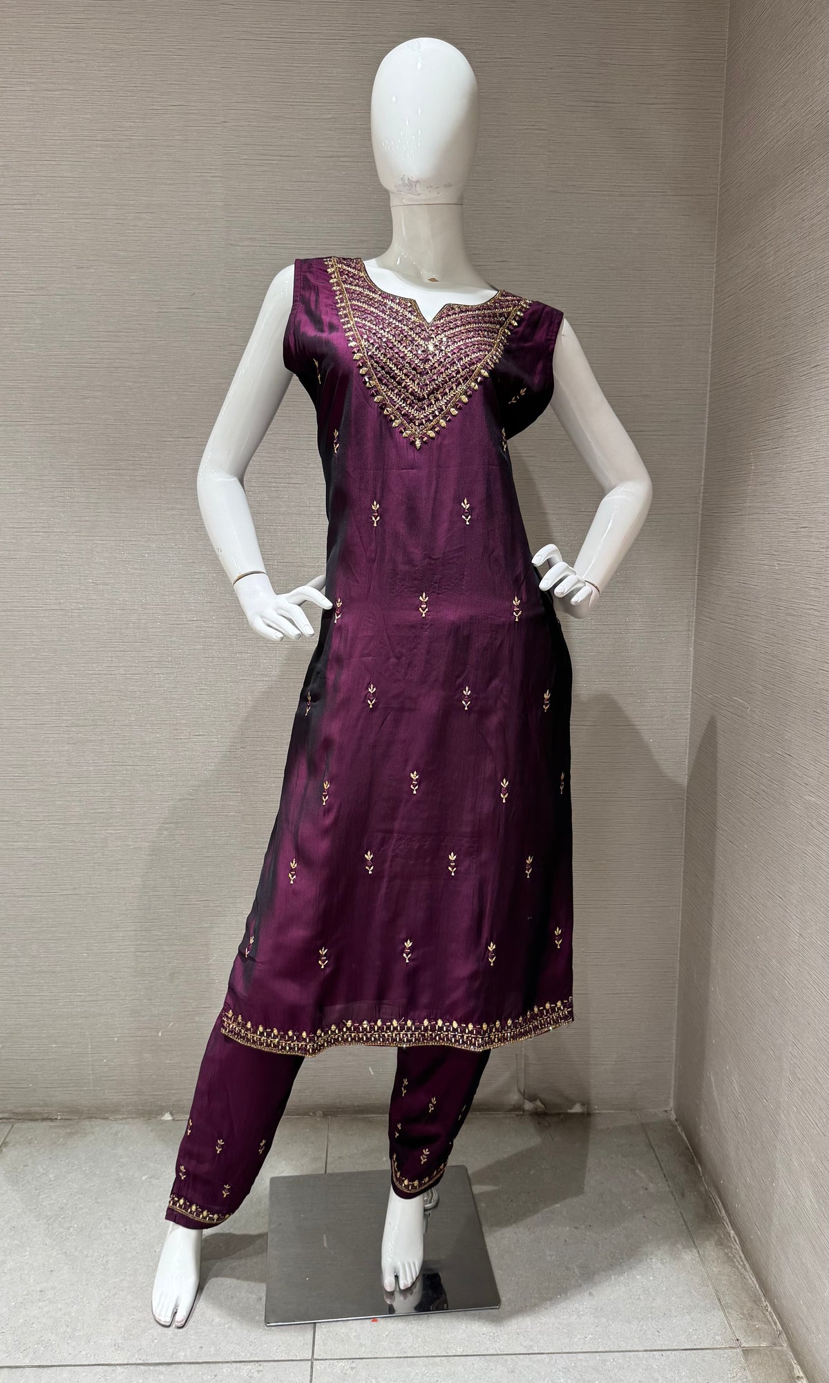 Wine Golden Silk Embroidered Kurta Set